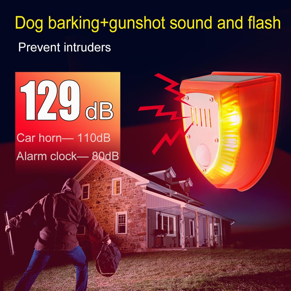 HUIOP Alarme détecteur de mouvement, lumière stroboscopique solaire avec capteur de mouvement PIR Alarme temporisée à induction du corps humain Lumière d'alarme Dispositif anti-vol pour animaux 3