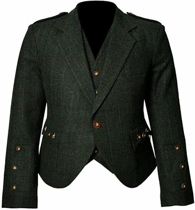 Scottish Tweed Argyle Kilt Jacket With Waistcoat/Vest- Size., Scottish Tailoring Men's Tweed Jacket (Green)