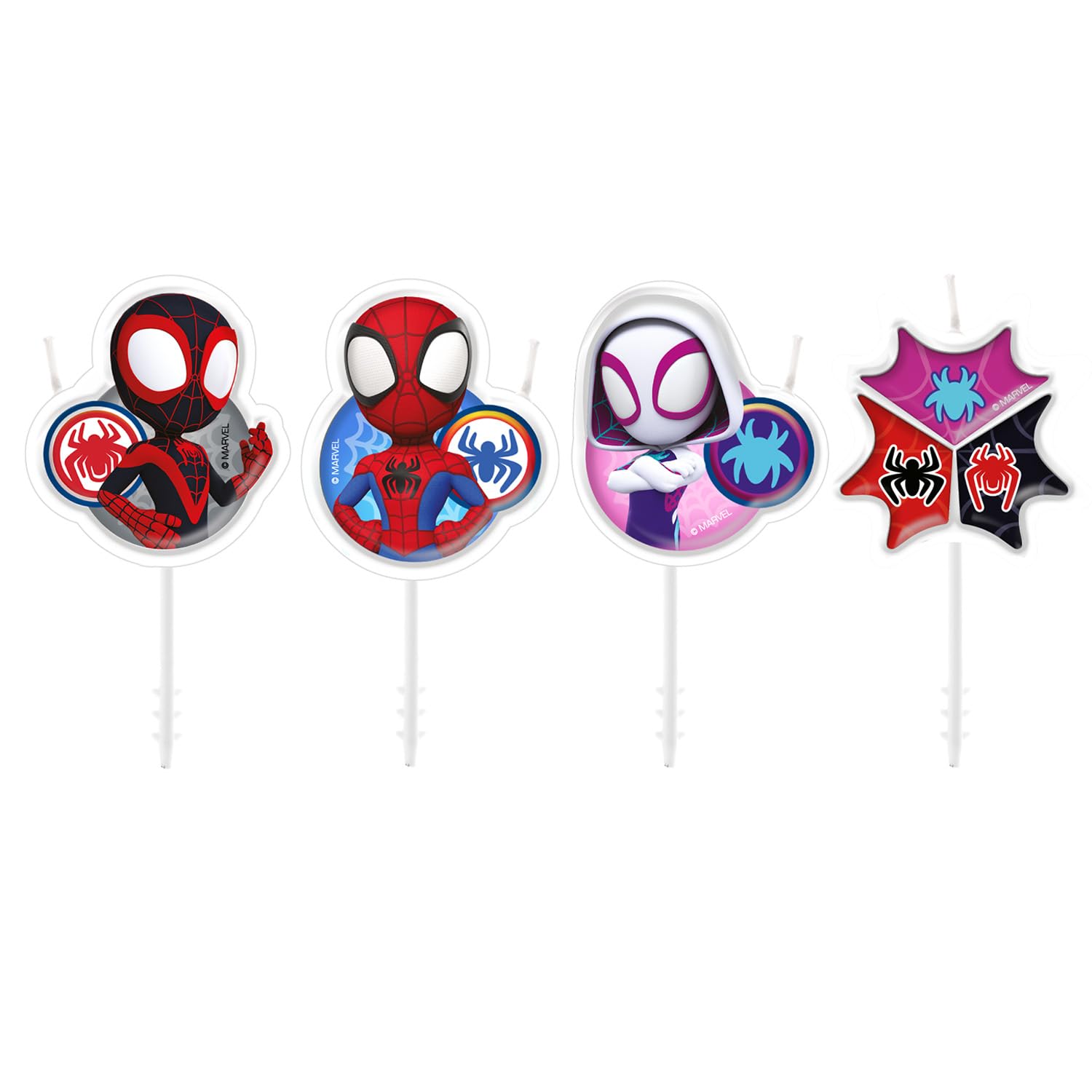 dekora - Marvel Spidey Birthday Candle Set – 4 Colourful Cake Candles for Kids' Parties – Official Spidey and His Amazing Friends Cake Decorations – Super Heroe Theme
