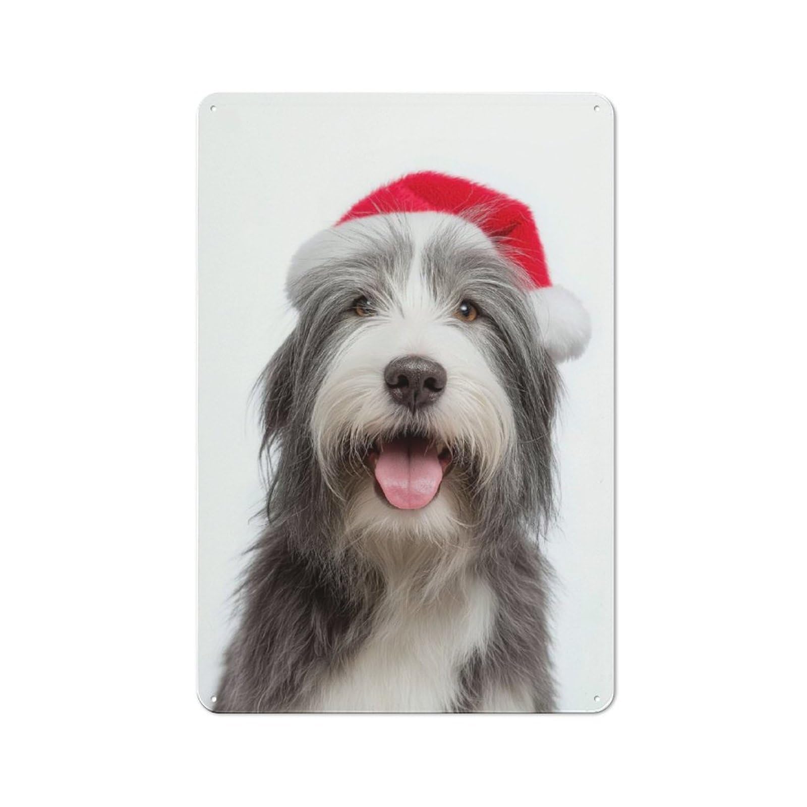 Junmoney Bearded Collie With Santa Hat Retro Tin Wall Plaque 30X20cm For Dining Room Or Kitchen, For Home Decor Collectors