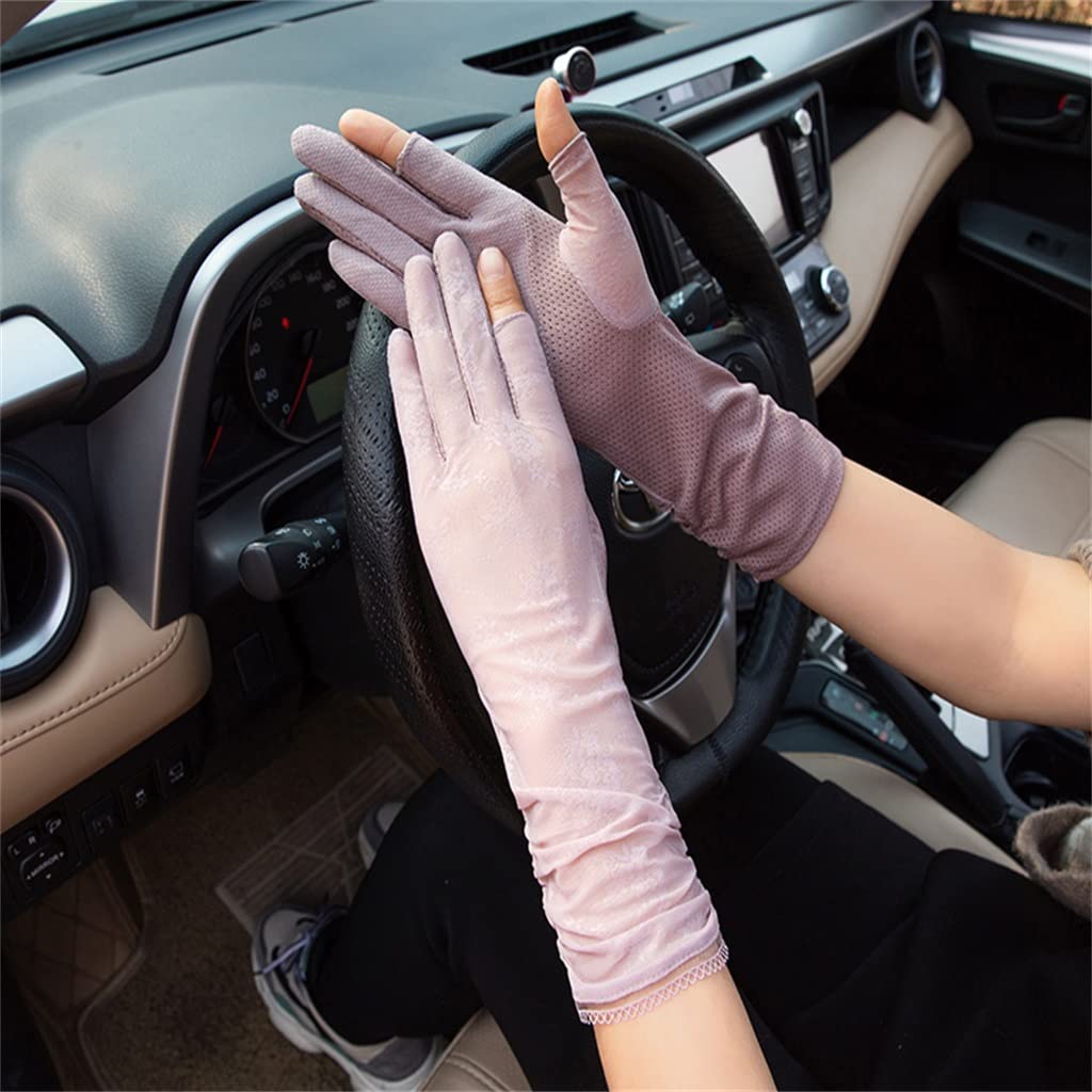 Ladies Thin Ice Silk Fingerless Breathable Mid-length Stretch Driving Riding Touch Screen Gloves