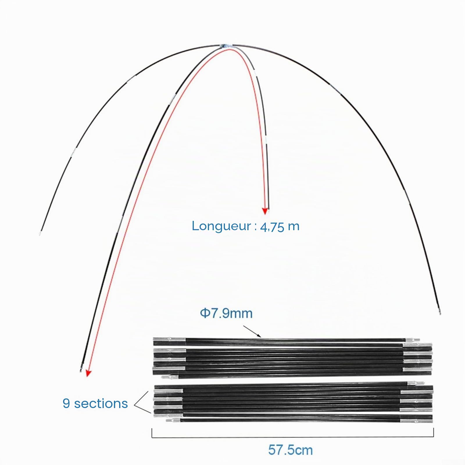 Lot de 2 arceaux de tente de rechange en fibre de verre pour camping, extérieur, résistant aux intempéries, léger, 3,1 m - 4,75 m, 6,9 mm - 7,9 mm de diamètre, pour tentes de 1 à 8 personnes