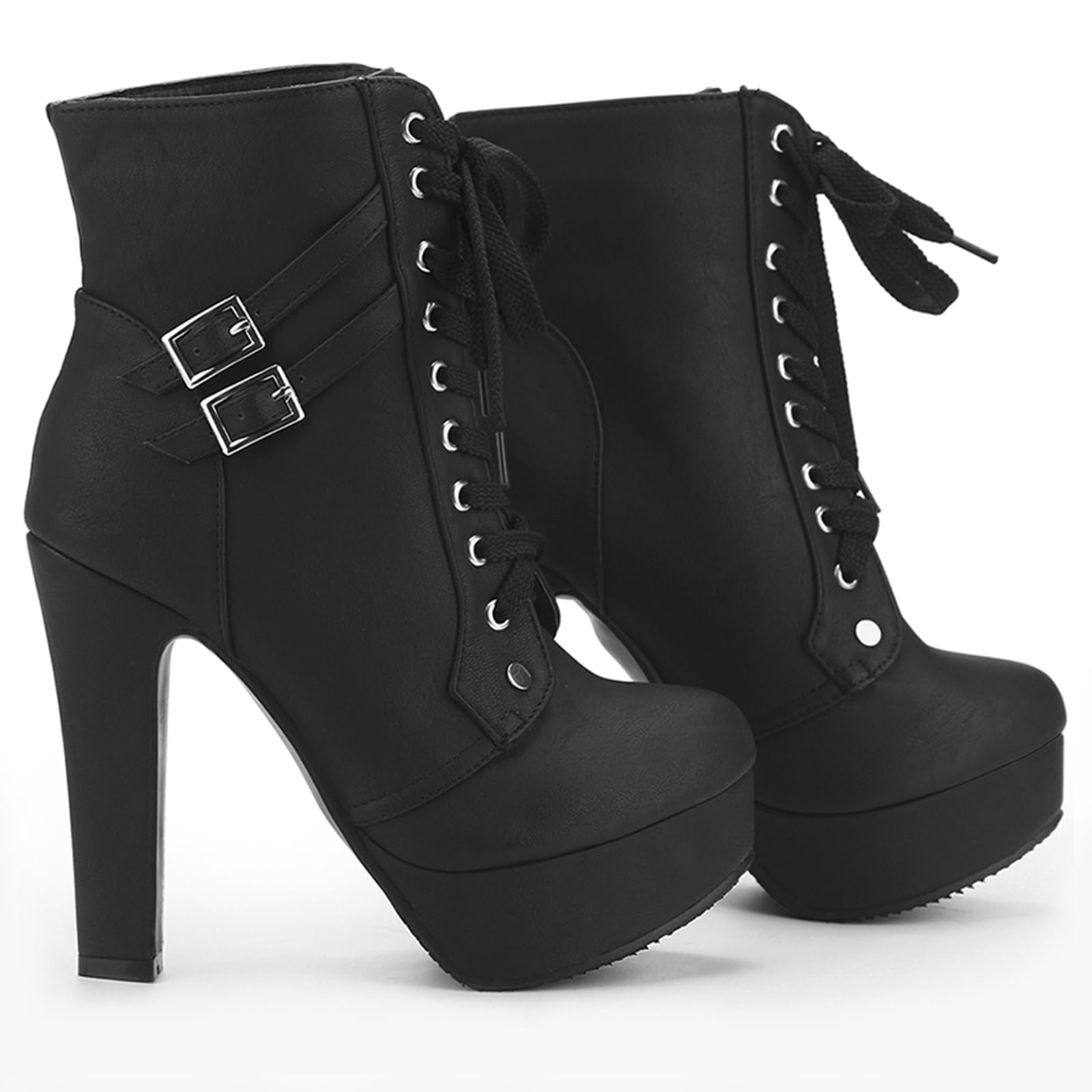 Susanny High Heel Boots for Women,Womens Platform Boot Heels Sexy Round Toe Lace UP High Heels Mid Calf Boots