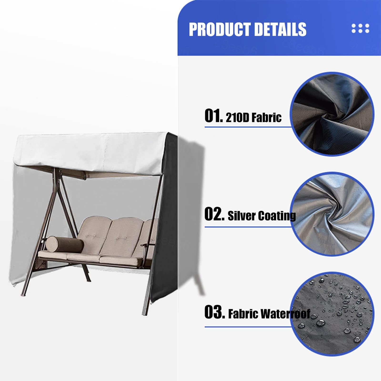 Wodoodporny pokrowiec na huśtawkę na patio, na 3-osobową, 210D, ochrona na każdą pogodę, pokrowiec na meble ogrodowe i patio, szary, 223 x 152 x 183 cm