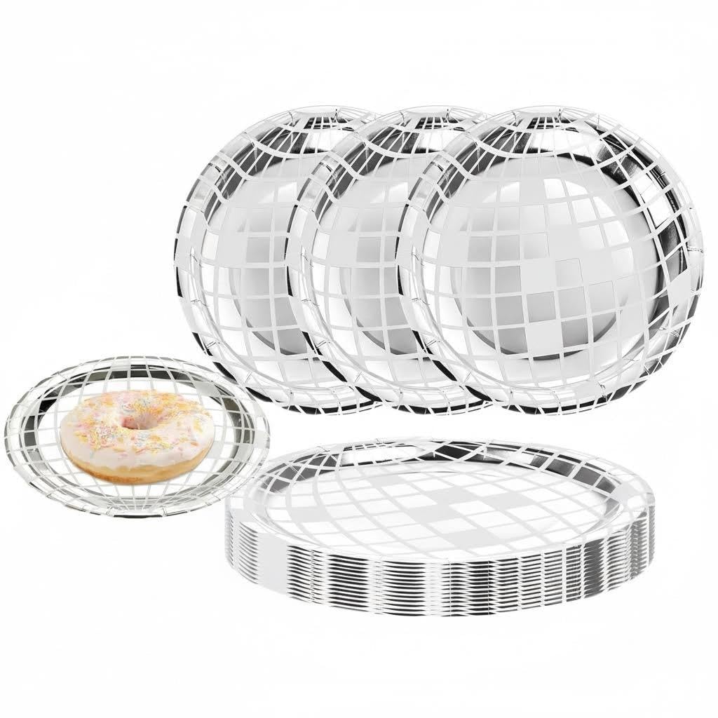 CHXTguyue Disco Ball Plates – 25 Pcs Silver 7" Disposable Paper Plates for 70s Disco Party Supplies, Bachelorette, Wedding & Birthday Decorations