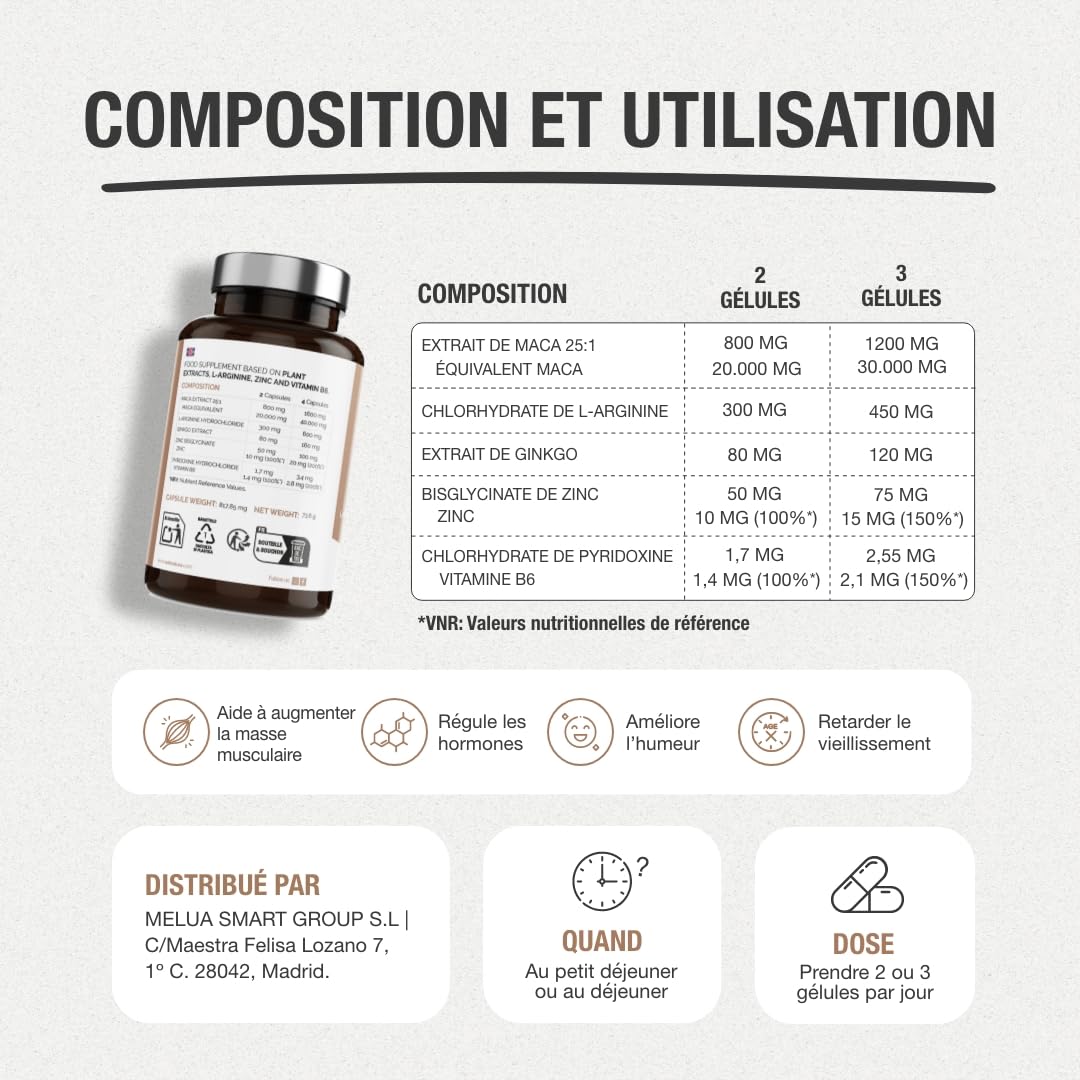 Maca Andina Ultra Concentrée 40.000 mg/jour 25:1 | L-Arginine, Zinc, Vit. B6 & Ginkgo – Énergie, Vitalité & Puissance Personnelle | 90 Capsules