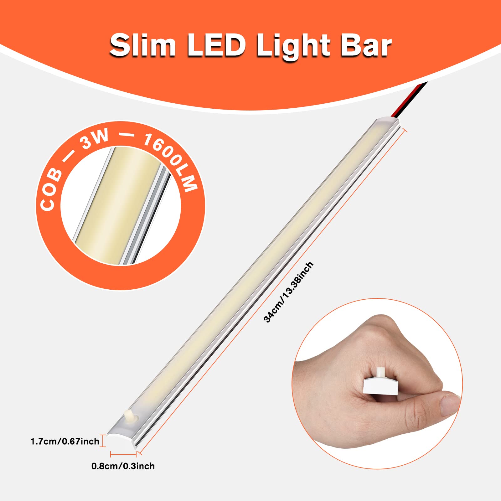 WELLUCK Barra de luz LED interior de 12 V, tira de luz interior COB de 1600 lm con interruptor para coche, remolque, cama de camión, furgoneta, RV, carga, barco, clóset, accesorio de luces de remolque