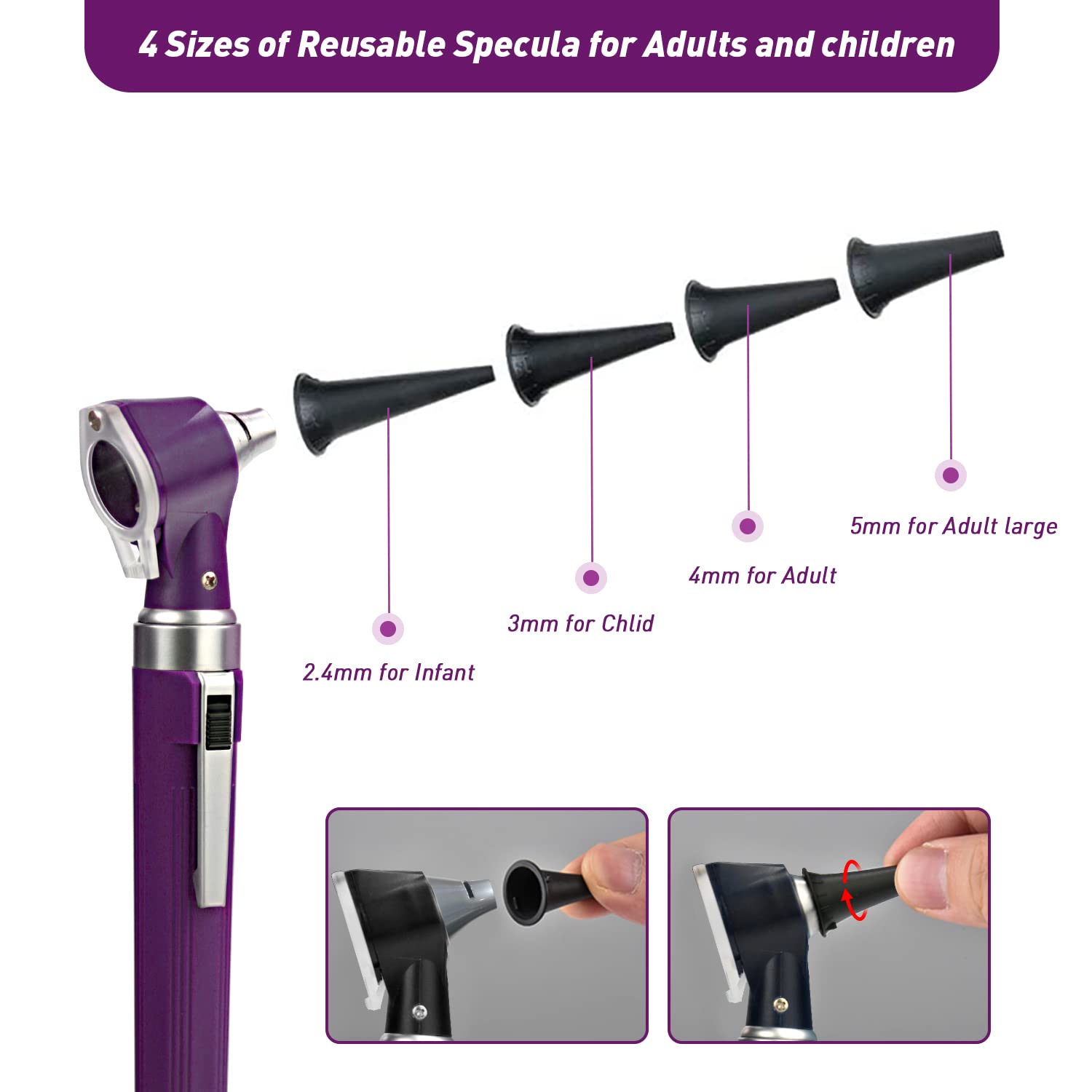 SCIAN Otoscope Oreille, mini outil de soins de l'oreille diagnostique de poche 3x plus grand 8 conseils miroirs pour enfants adultes (violette)