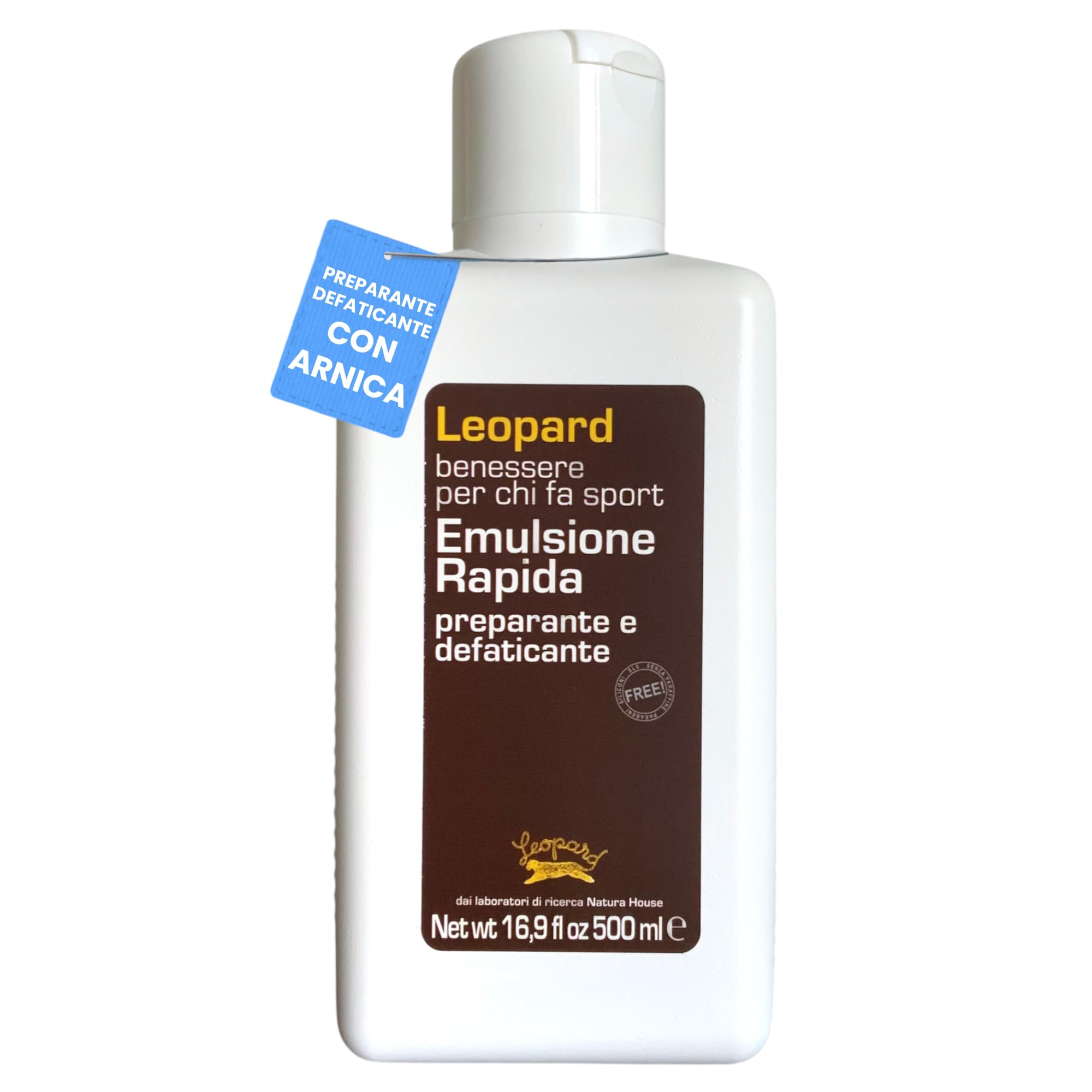 LEOPARD SPORT Emulsione Rapida Massaggio Pre e Post Attività, Crema Defaticante Gambe Sport, Crema Riscaldante Muscoli Sportiva con Arnica e Oli Essenziali, 500ml, 98,4% Naturale