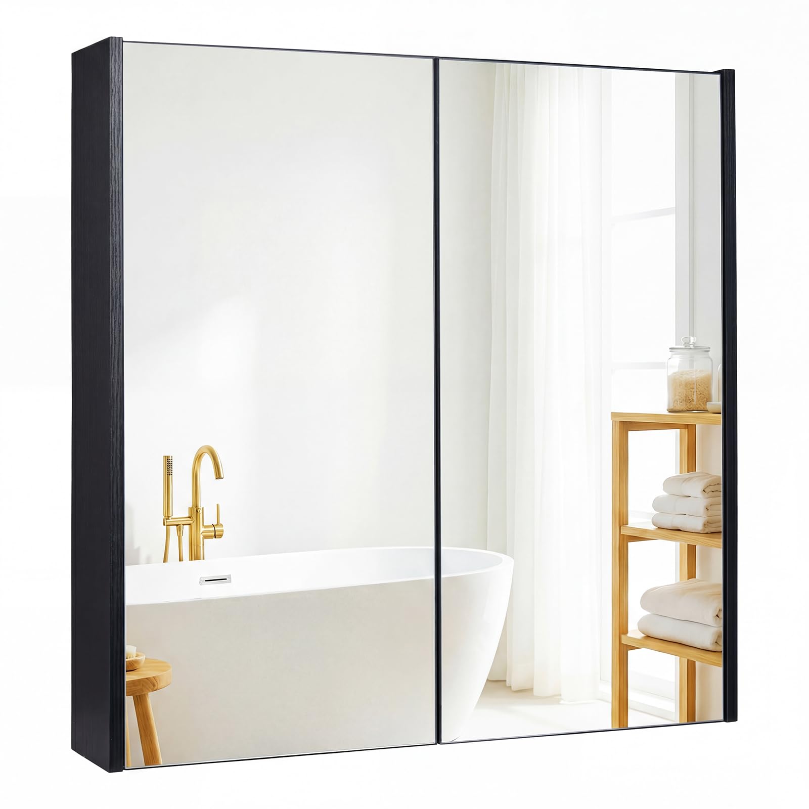 COSTWAY Armoire Murale Salle de Bain avec Miroir, 62 x 65 cm, Meuble Salle de Bain, Placard à 2 Niveaux, Installation en Saillie ou Encastrée, Gain de Place (Noir)