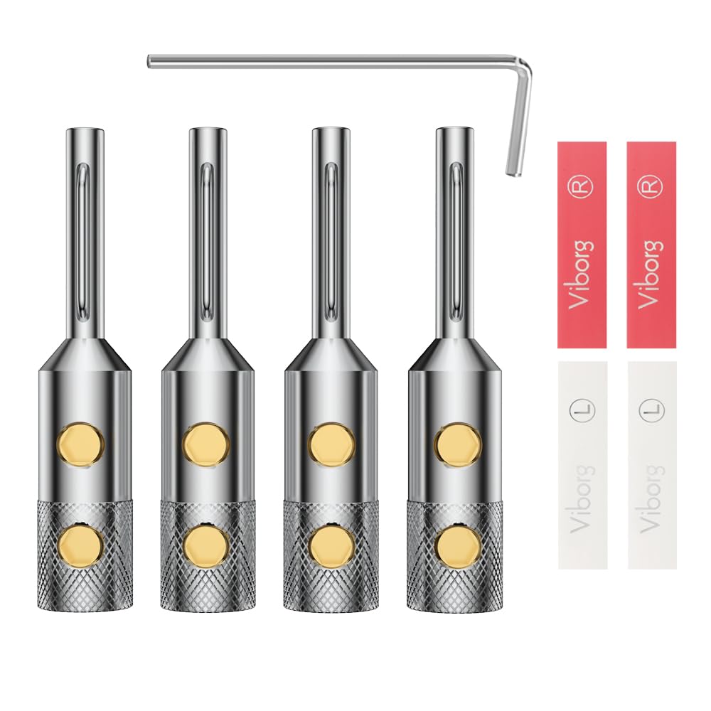 ViborgVB401R Audiophile Speaker Banana Plugs 4MM Pure Copper Screw Locking Speaker Plug Connectors for Speaker Wire, Home Theater, AV Receiver, Amplifiers and Sound Systems 4PCS (Rhodium Plated)
