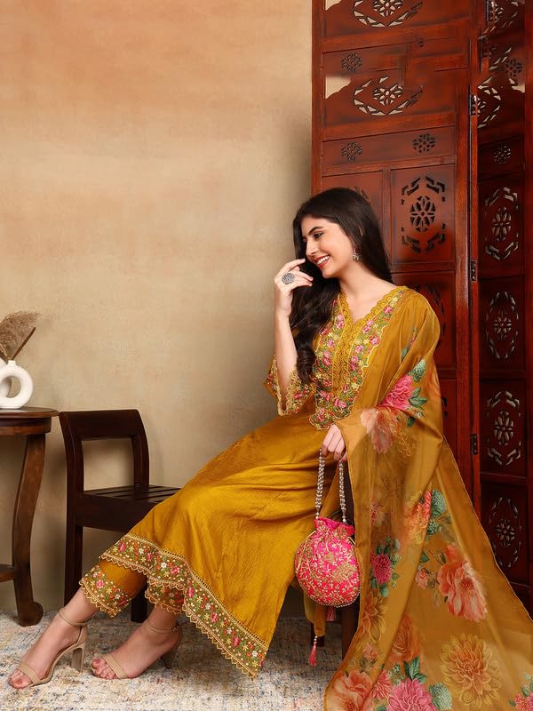 Image of Vaamsi Women's Silk Blend Solid Straight Embroidered Kurta Pant With Dupatta | kurta sets for woman