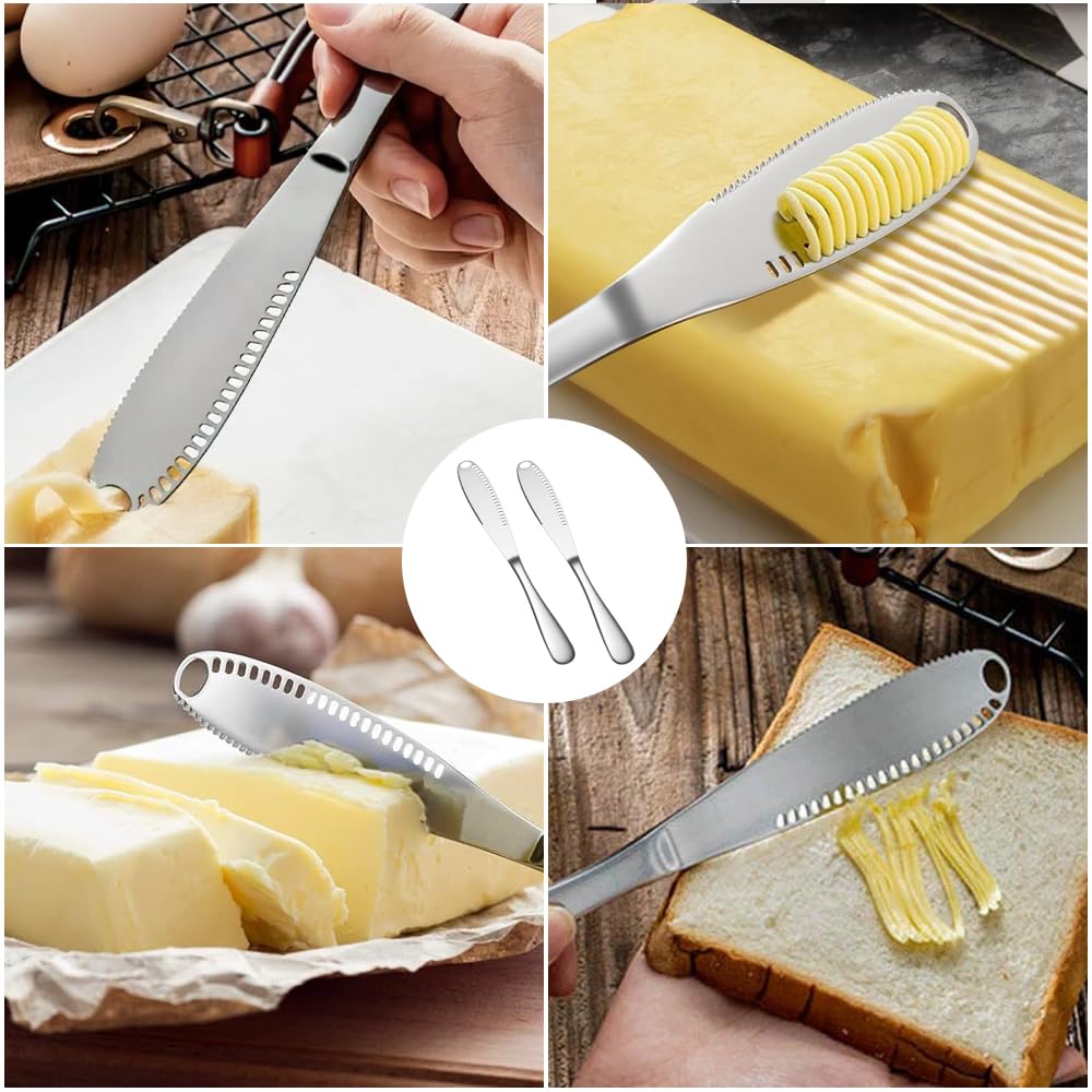 2 Piezas Cuchillo de Mantequilla de Acero Inoxidable, 20,5 cm Esparcidor de Mantequilla, con Borde Dentado y Estructura Ranurada, para Mermelada, Nata, Tarta, Queso, Frutas, Verduras (Plata)