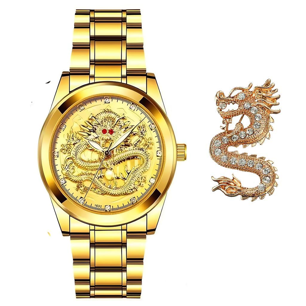 Mens Dragon Quartz Business Wristwatch Stainless Steel Strap Gifts Father Husband Son with Calendar, C.Gold face With Calendar