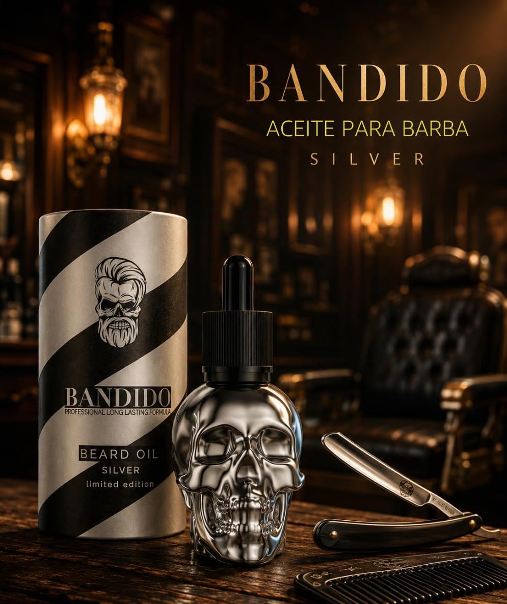 Bandido Aceite para barba para el cuidado diario de la barba de 3 días o barba completa, aceite de barba como regalo para hombres, 40 ml con dispensador de pipeta, diseño de calavera, sérum para