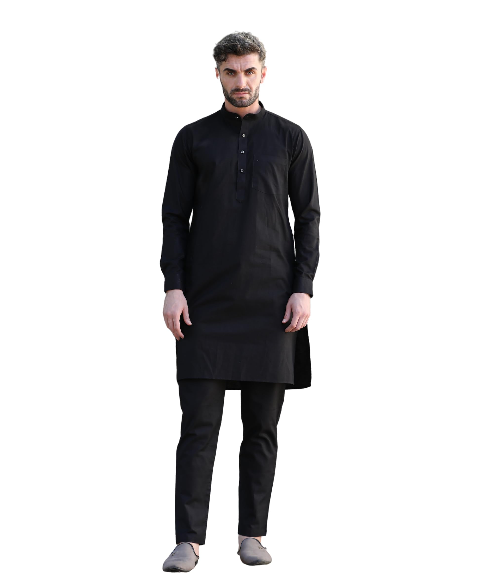 ETHNICXMen's Black Cotton Linen Kurta Set with Polo Pant - Lightweight and Comfortable Indian Ethnic Wear for All Occasions.