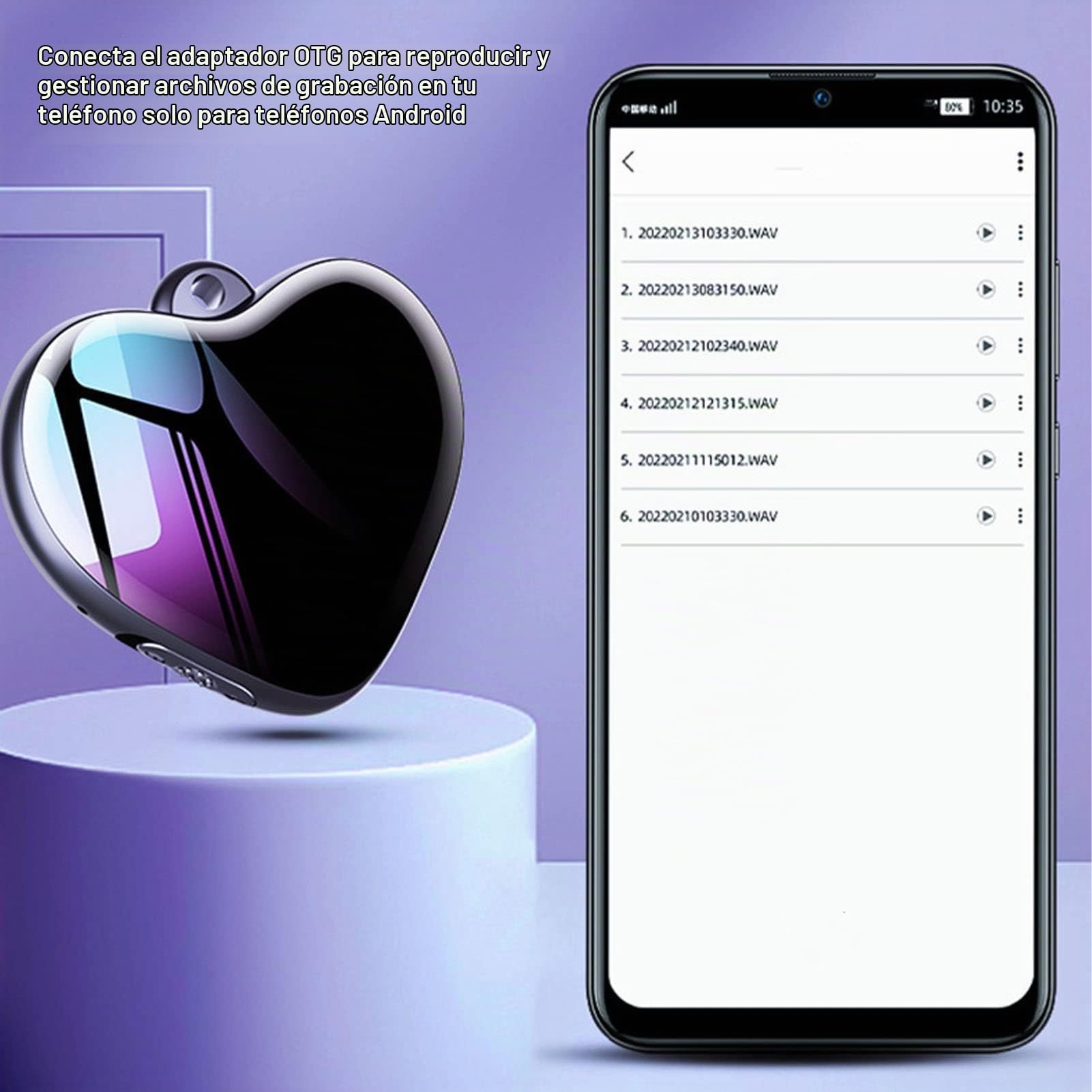 Grabadora Activada por Voz, Grabadora de Audio Digital en Forma de Corazón, Mini Grabadora de Voz con Auriculares, Grabación con un Clic, Eliminación en Línea, Dispositivo de