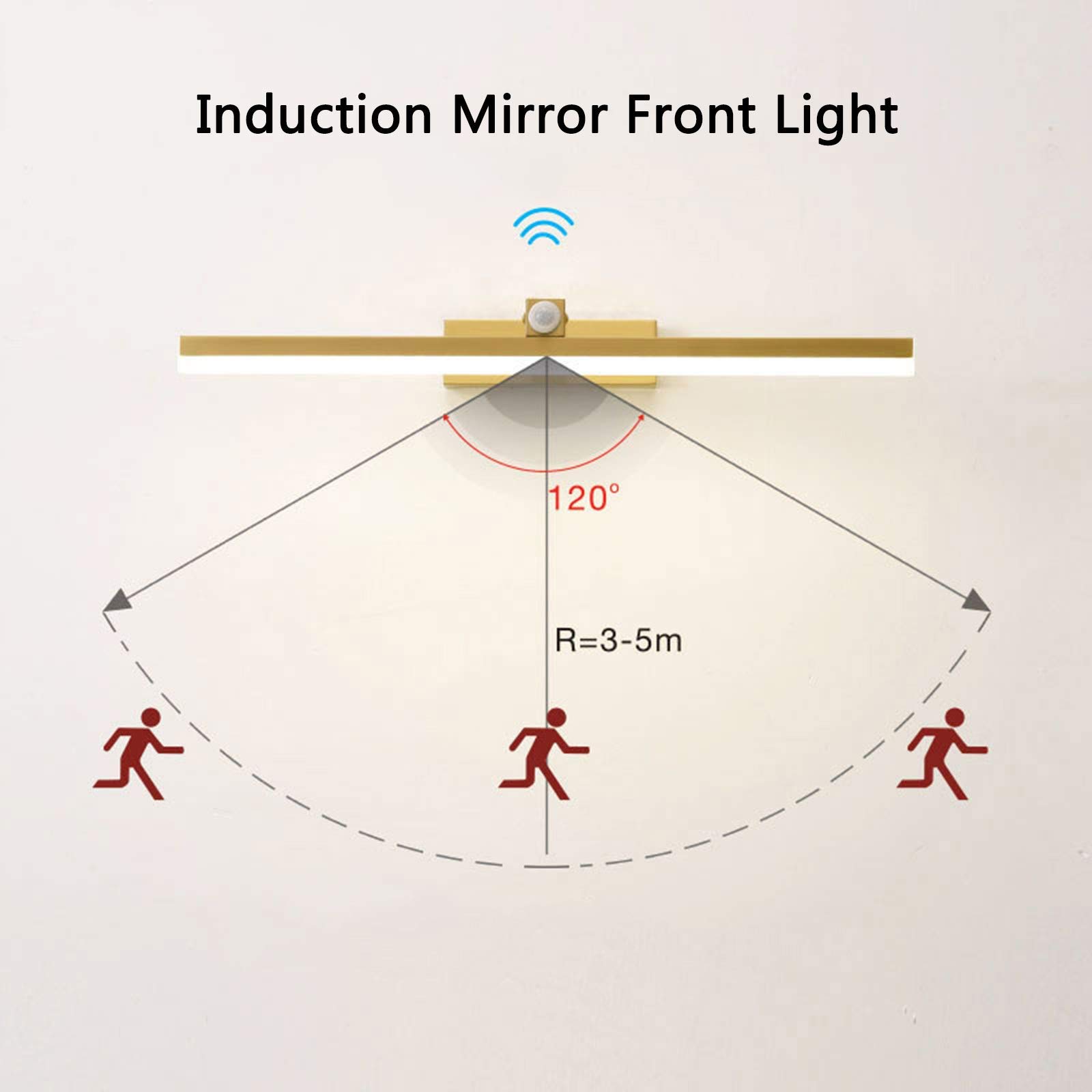 Luces de baño sobre espejo con sensor de movimiento, luz frontal de espejo LED de latón, blanco neutro de 4000 K, luces de gabinete de espejo dorado, luz de imagen moderna para restaurante de hotel,