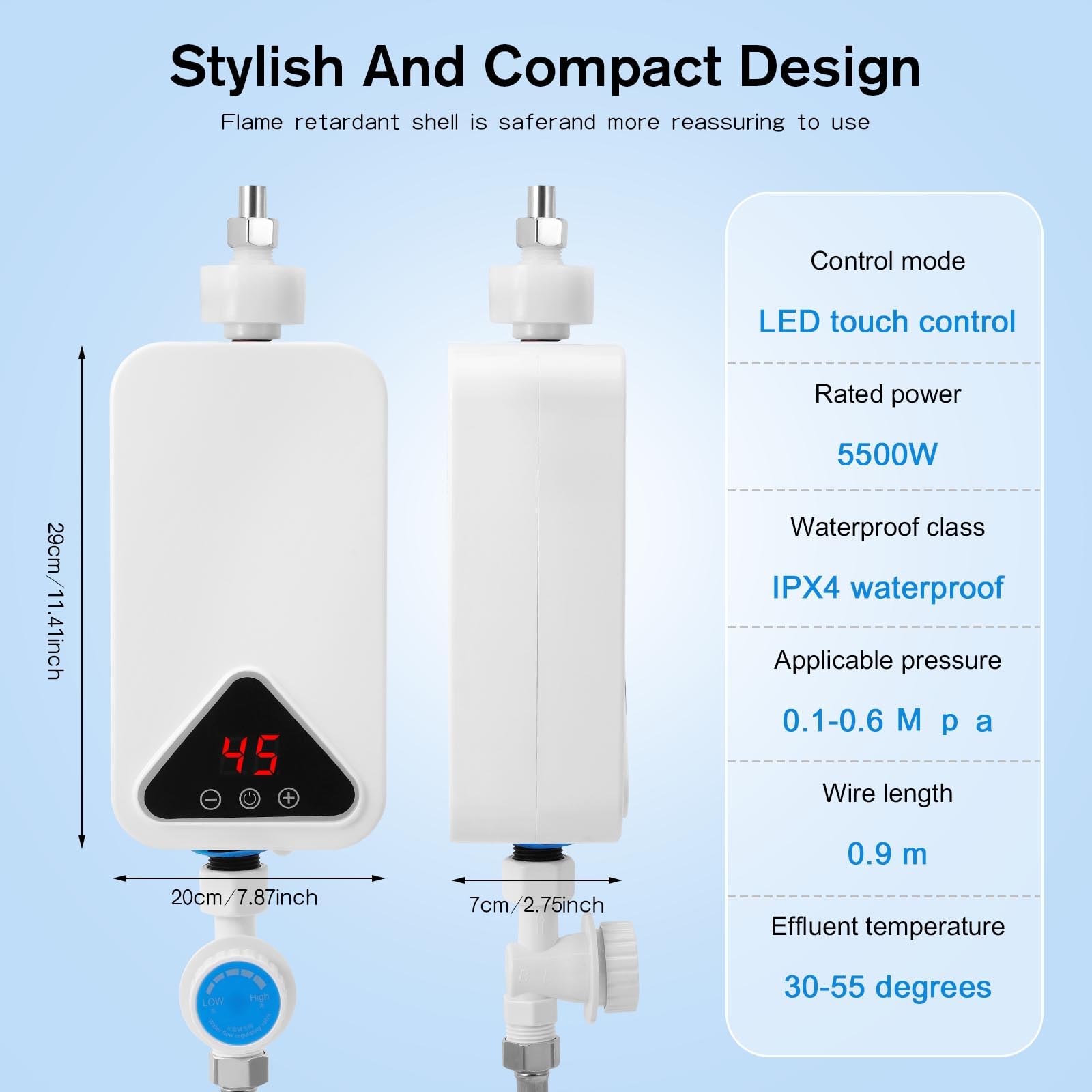 Calentador De Agua Eléctrico, Mini Calentador de Agua 220 V 5500 W, 30-55 °C, Temperatura Ajustable, Ducha de Calentador Instantáneo sin Tanque con Pantalla LED para Cocina y Baño (RYK-009)