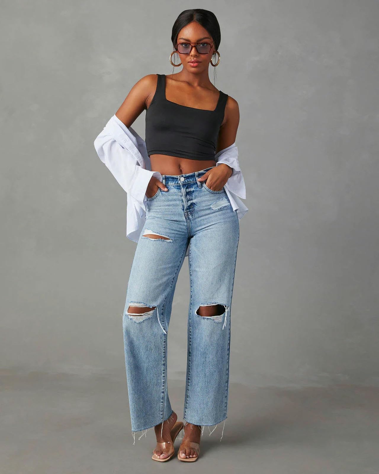 Jeans Donna Strappati alla Caviglia con Dritta Alta-Blu-l