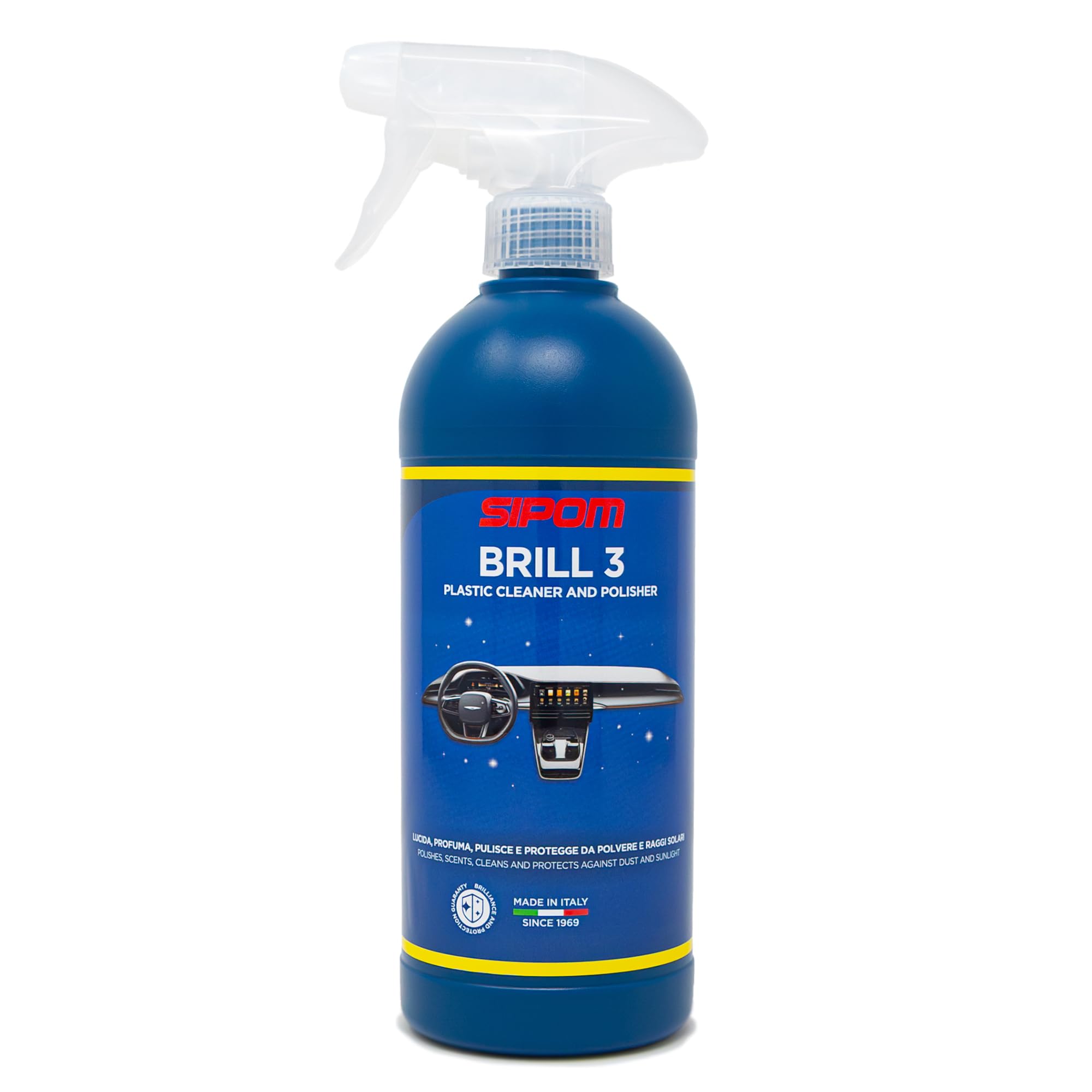 SIPOM BRILL 3 Lucida Cruscotto Auto 500 ml, Rinnova Plastiche Interne e Pannelli Porta, Detergente Interni Auto Antistatico, Protezione Anti UV, Made in Italy