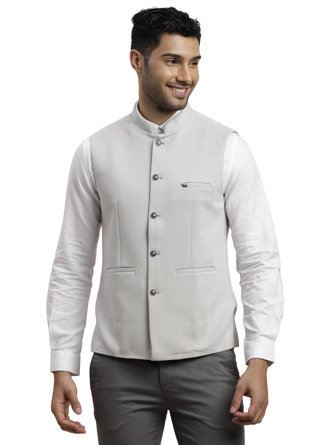 Men Knitted Terylene Rayon Dobby Print Party Nehru Jacket-image-17