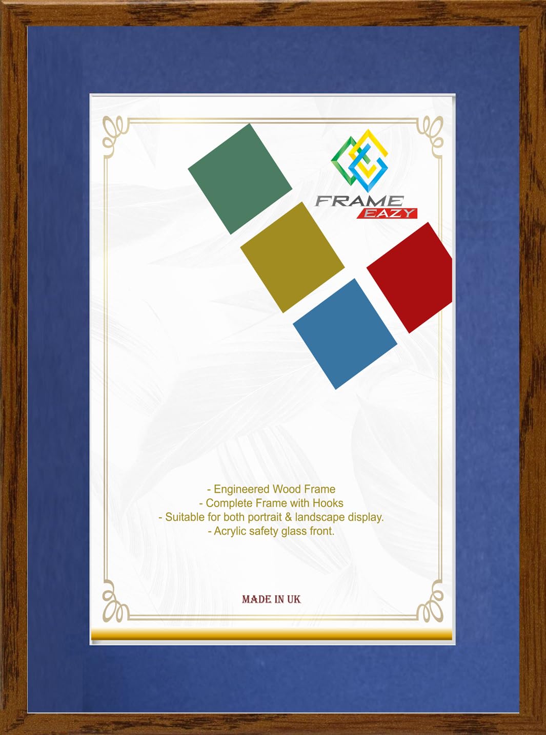 FRAME EAZY Walnut 14x11 Photo Frame with A4 Blue Mount to Hang Portrait or Landscape - Thin Picture Frame With Safe Perspex Front - 14" x 11" For Picture Size A4