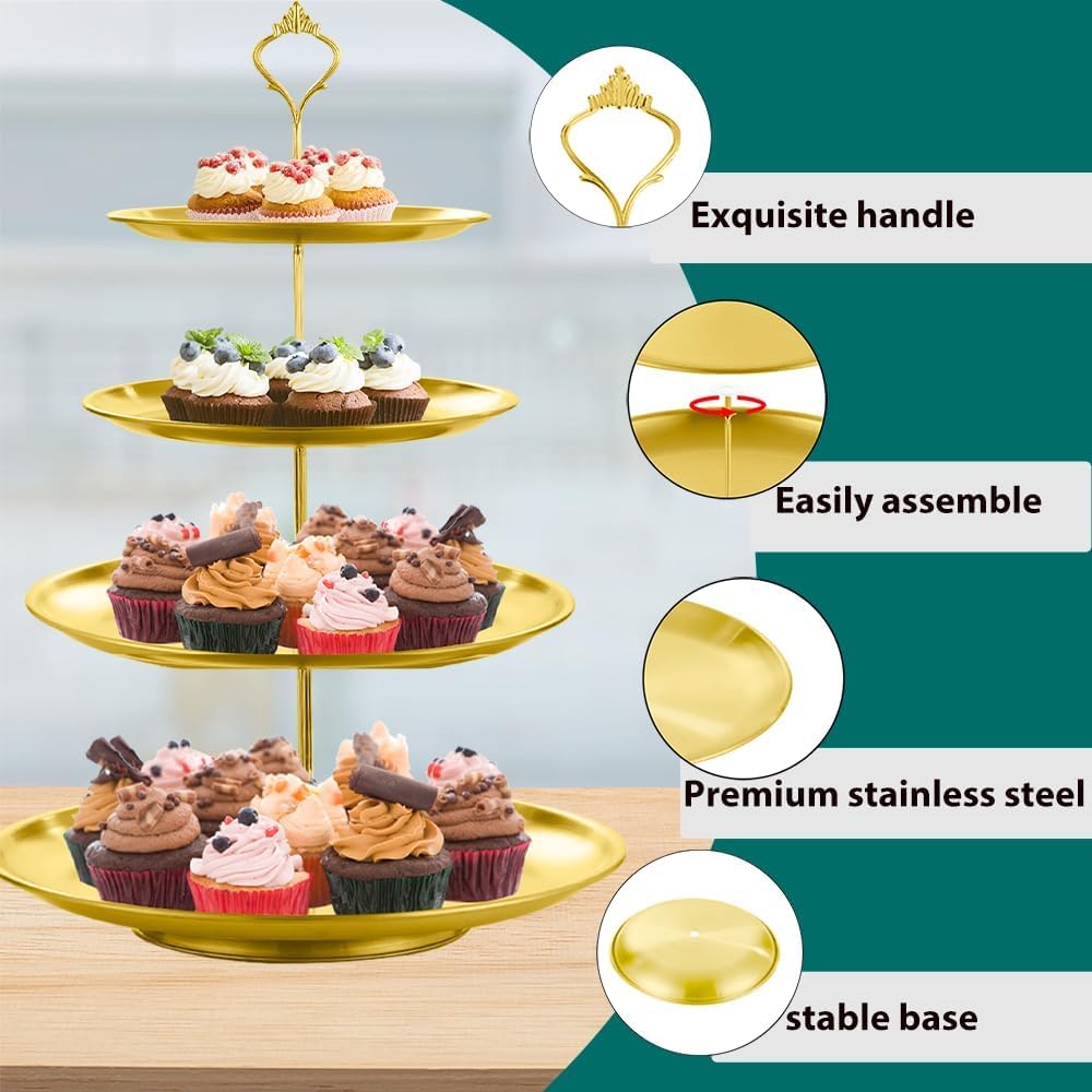 4 Tier Stainless Steel Cupcake Stand, Gold Metal Serving Tray Cake Holder Cake Display Stand for Holiday Dessert Table Decorations Birthday Party Wedding