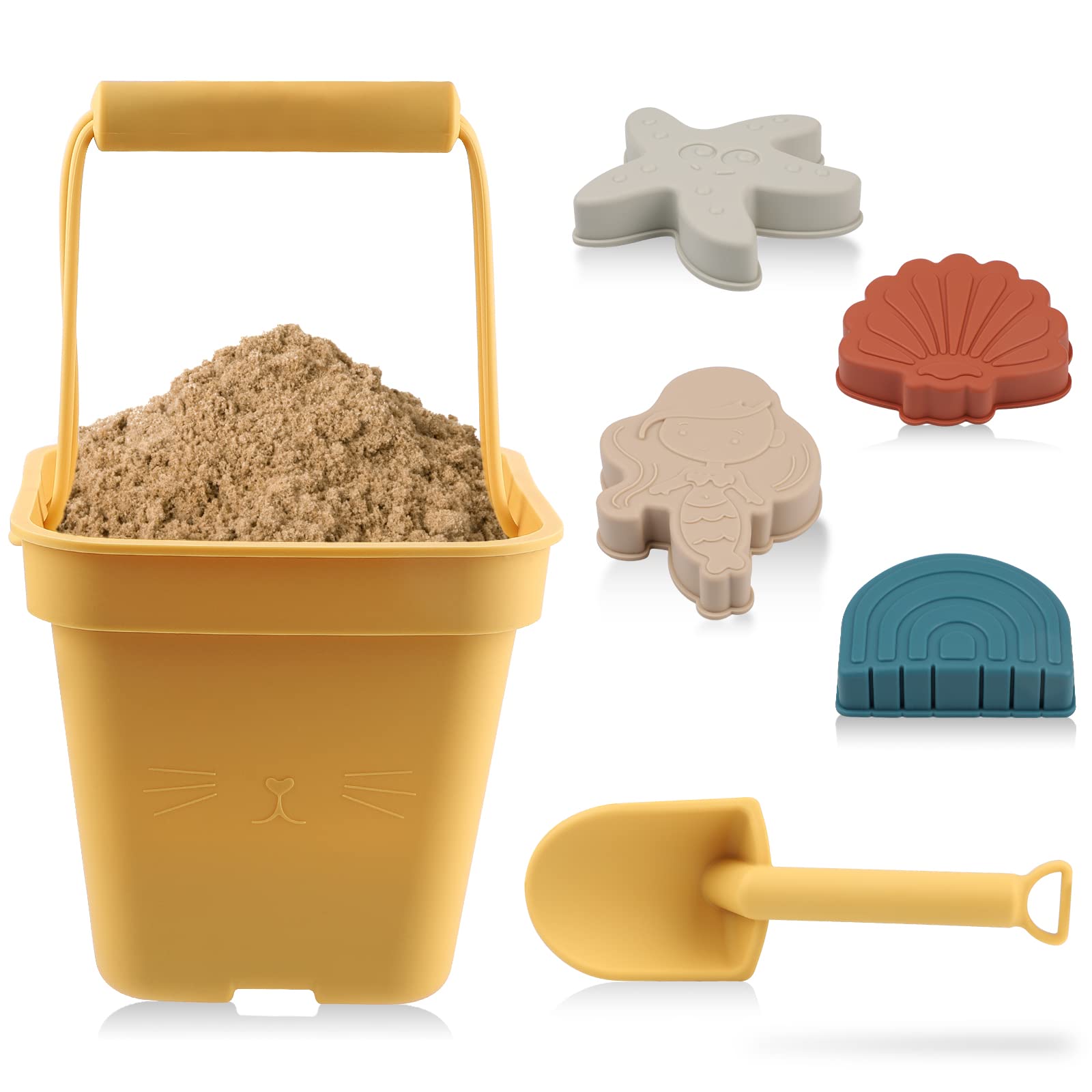 SWAWIS Juego de Juguetes de Playa de 6 Piezas,Juguetes de Playa de Silicona,Juego de Juguetes de Arena para Bebés,Incluye Cubo de Silicona, Modelos de Dibujos Animados, Pala de Arena,Amarillo