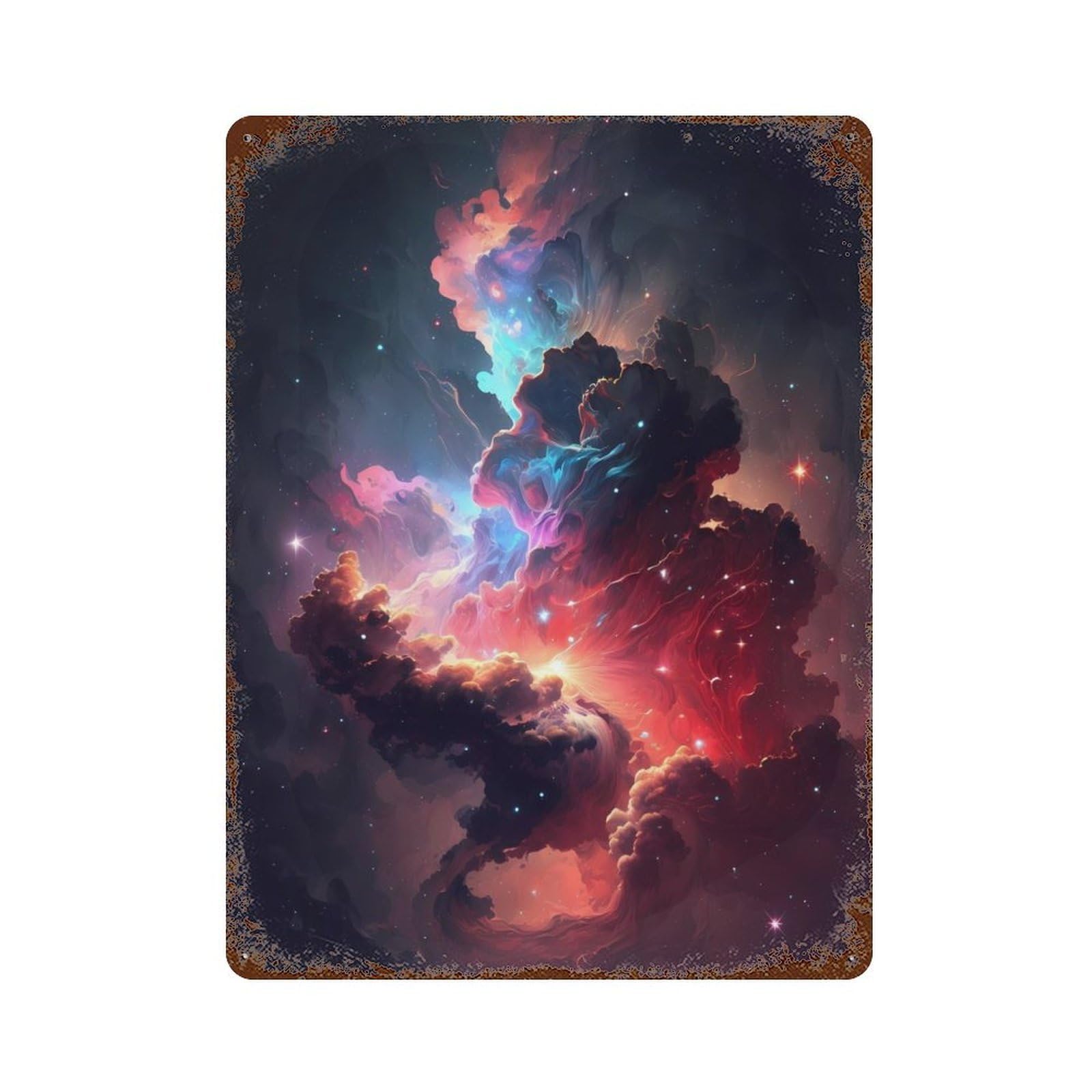 Distressed Metal Wall Sign with Colourful Cosmic Nebula Design 15.7"x11.8", for Living Room, Hallway And Home Decor, Vintage Wall Decor
