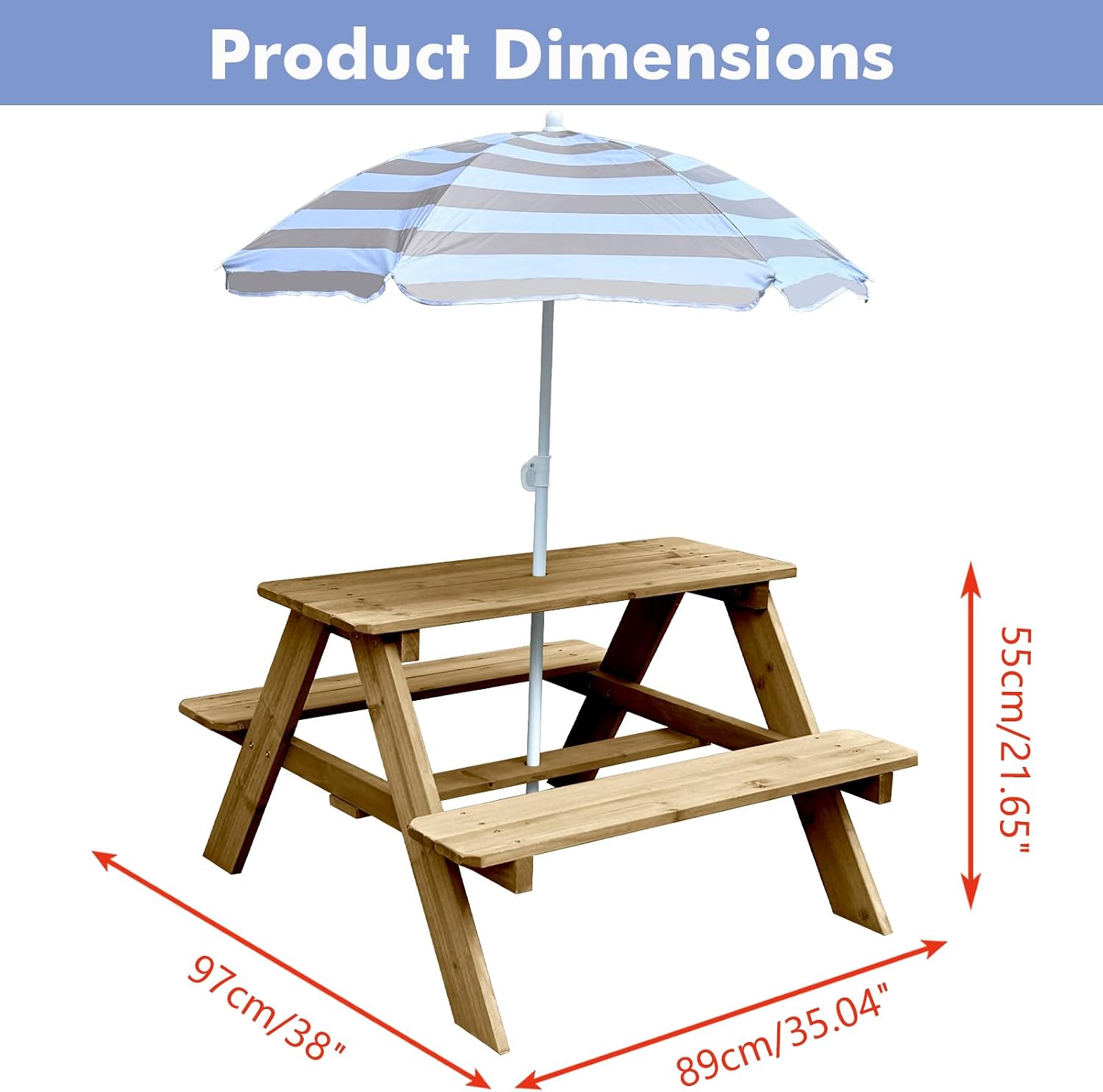 Kids Activity Table, Wood Outdoor Convertible Picnic Table, Dining Table Adjustable Collapsible Umbrella, Picnic for Outdoor (Natural/Brown)