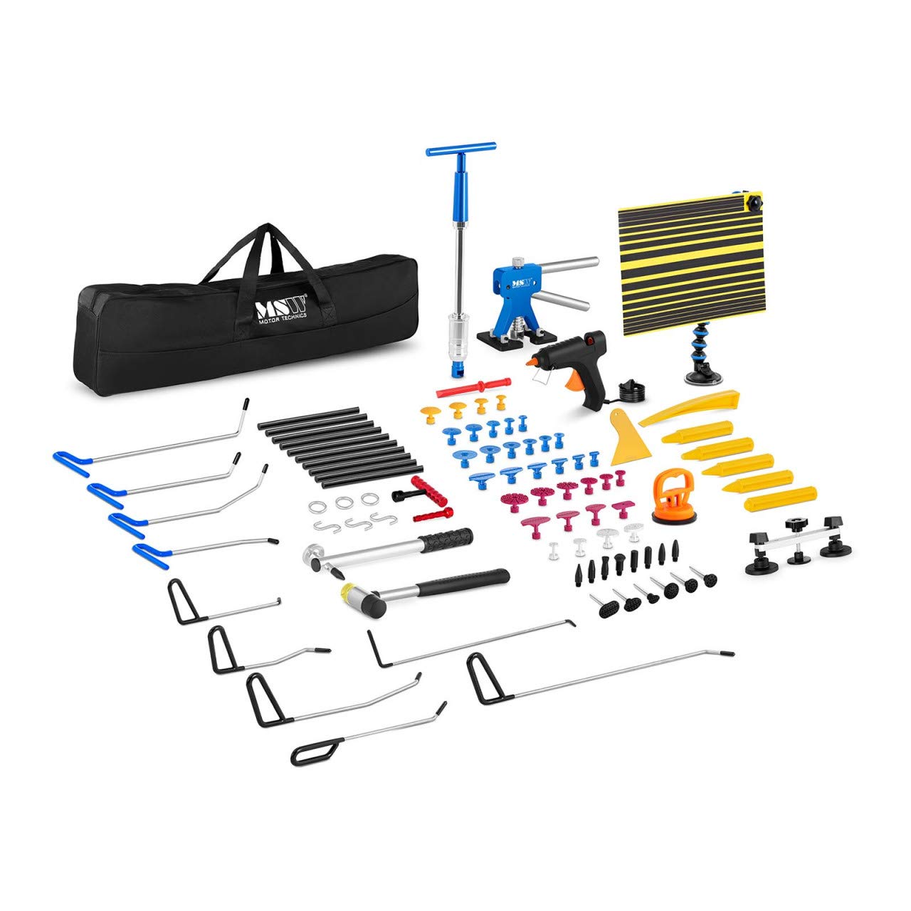 MSW Car Dent Repair Kit Dent Puller Set PDR Kit Slide Hammer 31 Adapters 85 Pcs. MSW-DENTPULLER.SET16 (Stainless Steel, Carbon Steel, Hot Glue Gun 40W, 10 Glue Sticks)
