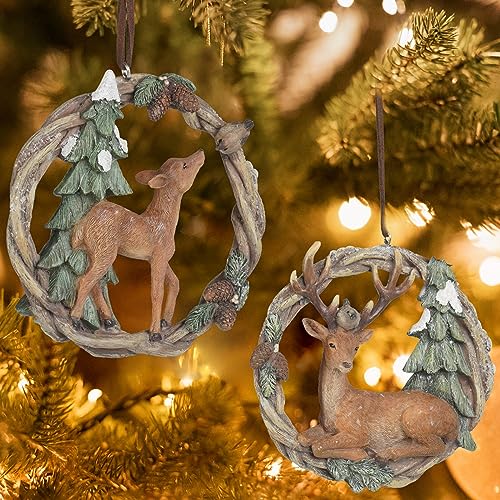 Christmas Tree Ornaments Christmas Decorations - Set of 2 Resin Christmas Woodland Deer in Wreath Ornaments Brown/Sage Green Men for Family Braxio