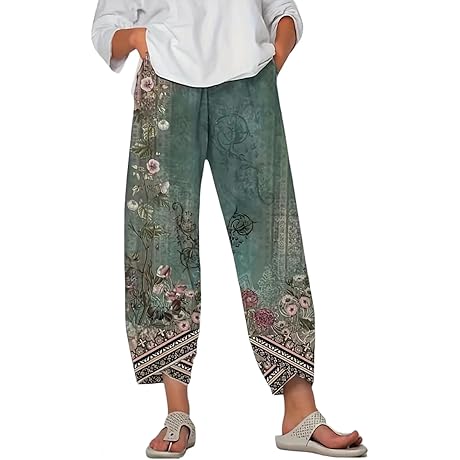 Cotton Linen Floral Print Shirred Waist Pants