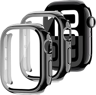 جراب حماية متوافق مع ساعة آي ووتش 10 مقاس 46 ملم، شاشة حماية عالية الدقة HD من البولي كربونات، صلبة ومقاومة للخدش بدرجة صلابة 9H، متوافقة مع ساعة آبل ووتش سيريز 10، عبوة من قطعتين