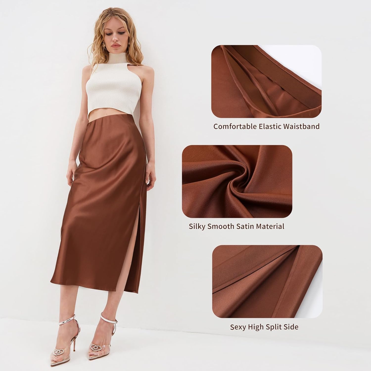 BOMAROLAN Women's Satin Midi Skirt High Waist Solid Silky Skirts for Women Elasticized Waistband A-Line Slit Midi Skirts - Image 5