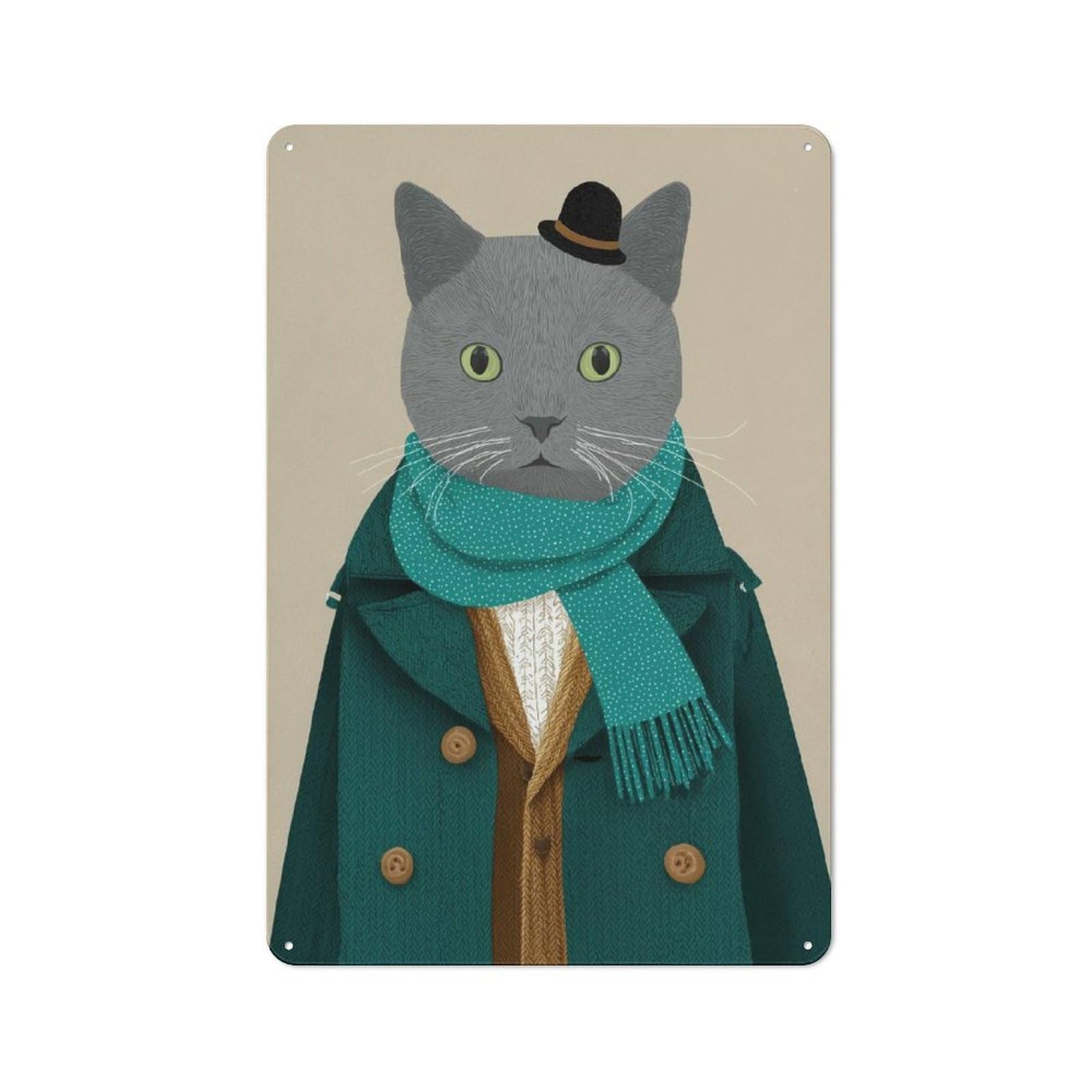 Junmoney Style-14 Tin Sign 30X20cm With Dapper Cat Portrait For Garage Wall, Vintage Decor, A Housewarming Gift For Fans Of Vintage Interiors