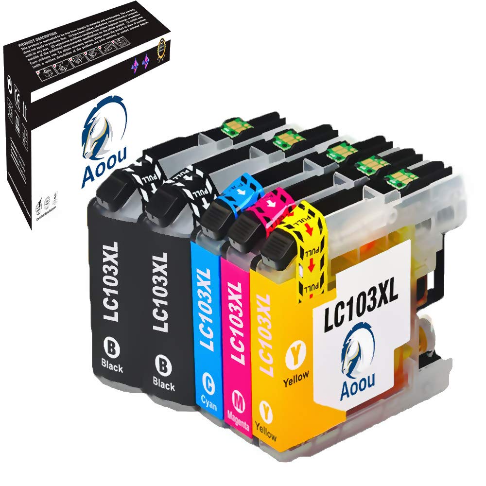 Aoou 103 Ink Cartridges, 5 Pack Compatible LC-103XL LC-103 XL LC103XL LC 103 XL Ink Cartridge for Brother MFC J870DW J450DW J470DW J650DW J4410DW J4510DW J4710DW Printe (2 BK 1 C 1 M 1 Y) 5 Pack