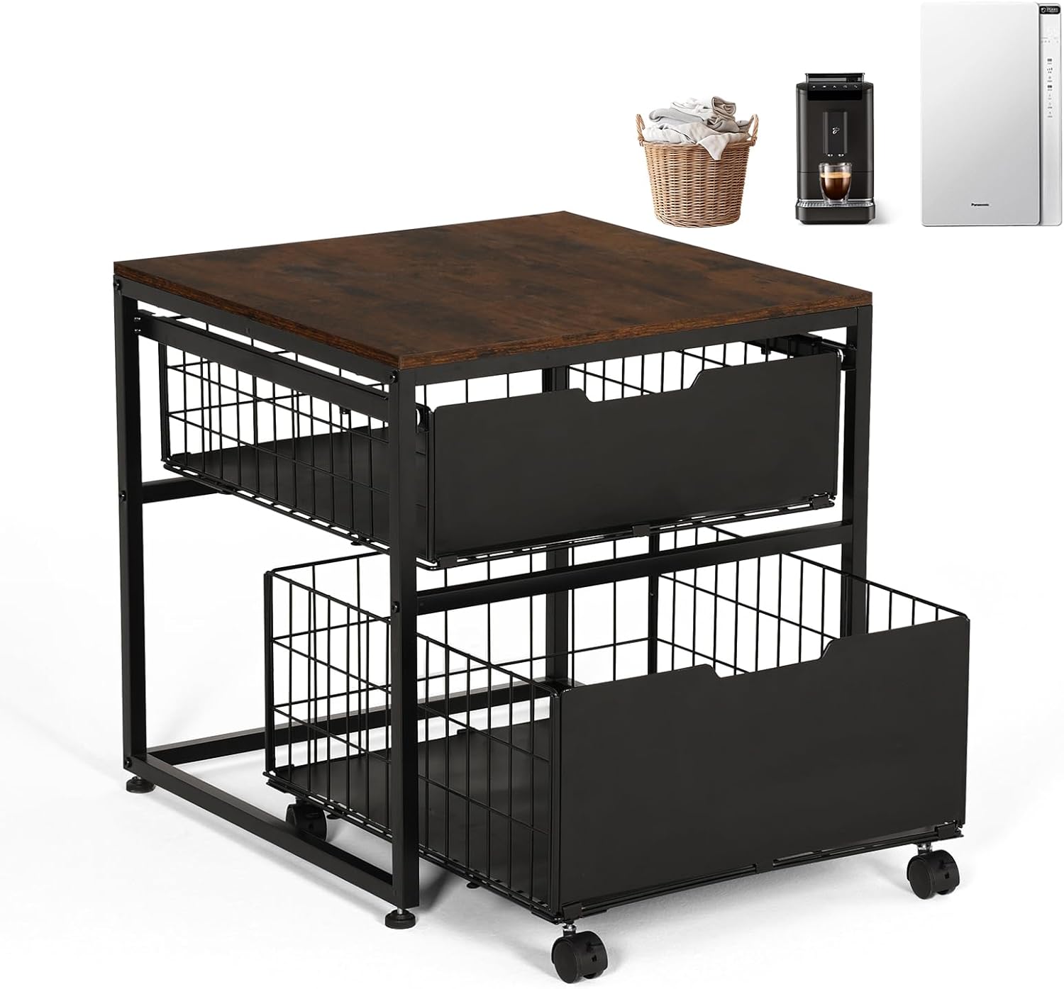 KELIXU Mini Fridge Stand with Storage Drawer, Small Refrigerator Cart with Wheels, Heavy Duty Microwave Stand, 21.7" L x 21.7" W Mini Fridge Cabinet for Dorm, Home, Office, Hold 300 LBS, Black