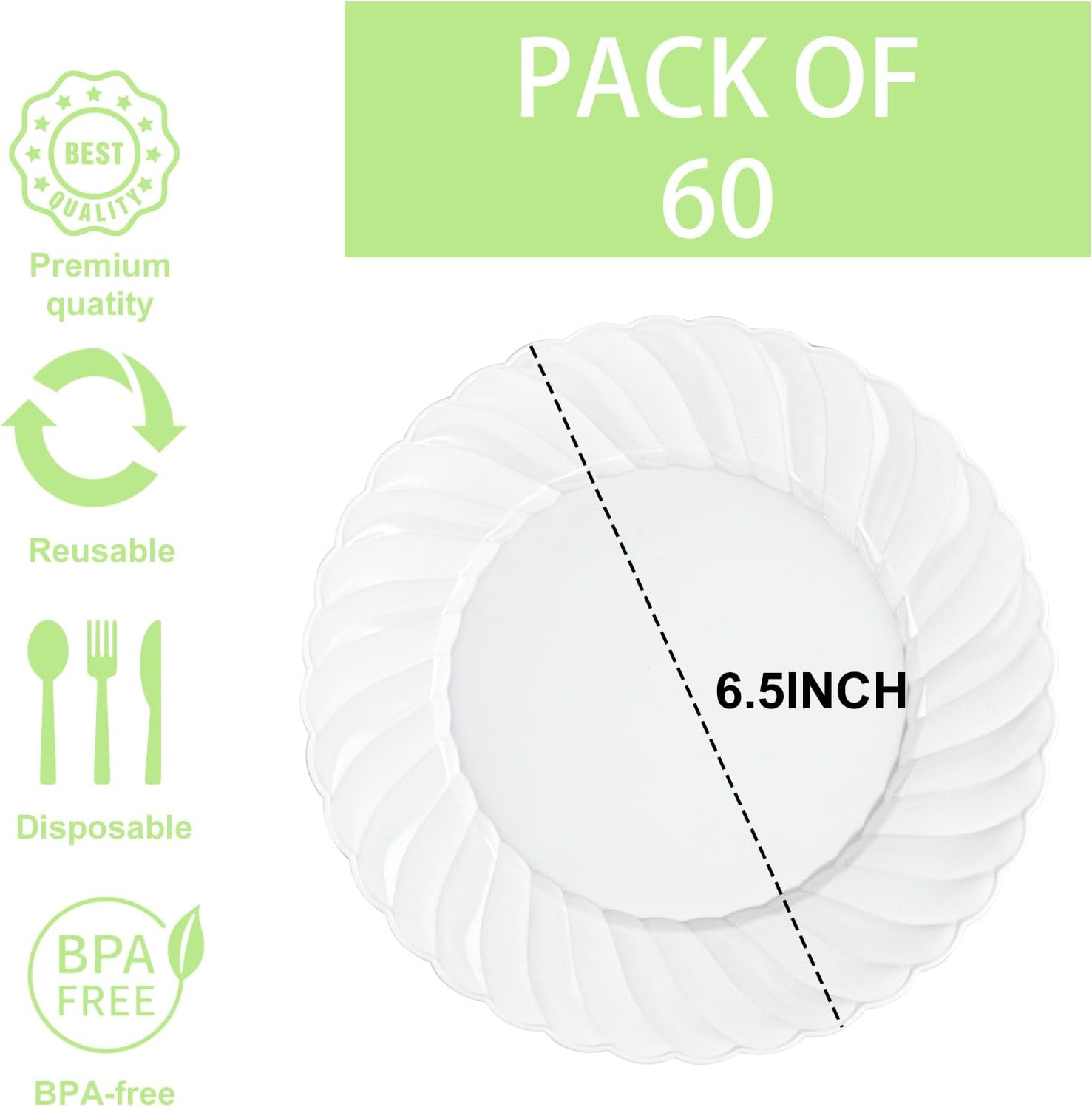U-QE 60 Pieces White-Plastic-Plates for Party - White Disposable Plates 6 Inch - Salad/Dessert Plates Disposable Heavy Duty for Birthdays, Celebrations, Wedding and Events - Image 2
