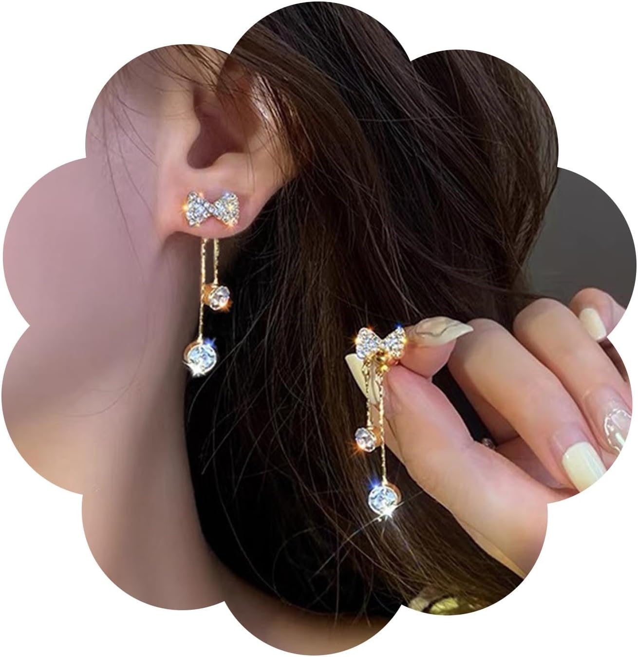 Bohemian Crystal Bow Stud Earrings Gold Cz Tassel Chain Drop Earrings Cz Paved Chain Earrings Rhinestone Ear Jacket Earrings Jewelry for Women Gifts
