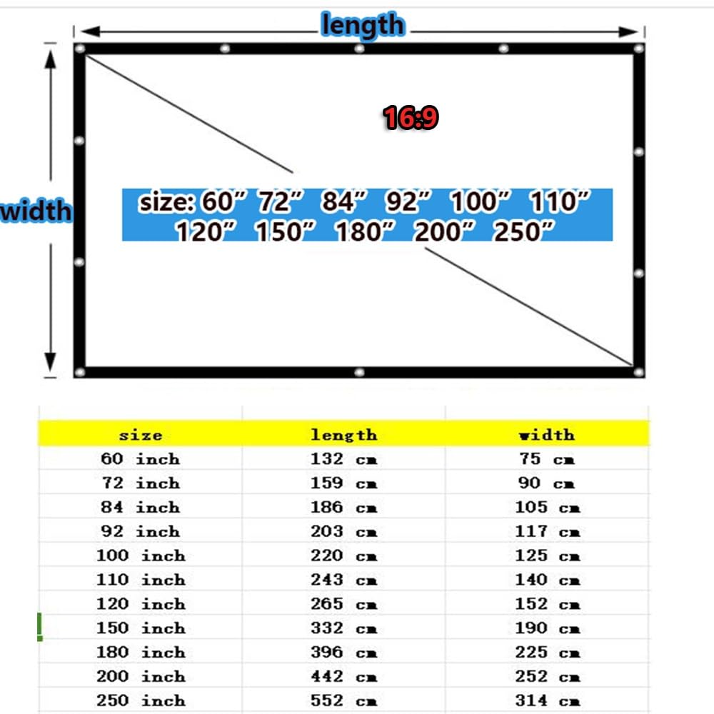 Grande Schermo Proiettore 100" 200" 16:9 Pieghevole Telo Proiettore Anti Rughe, Schermo di Proiezione Doppia Faccia Lavabile per Teatro Ufficio(200inch)