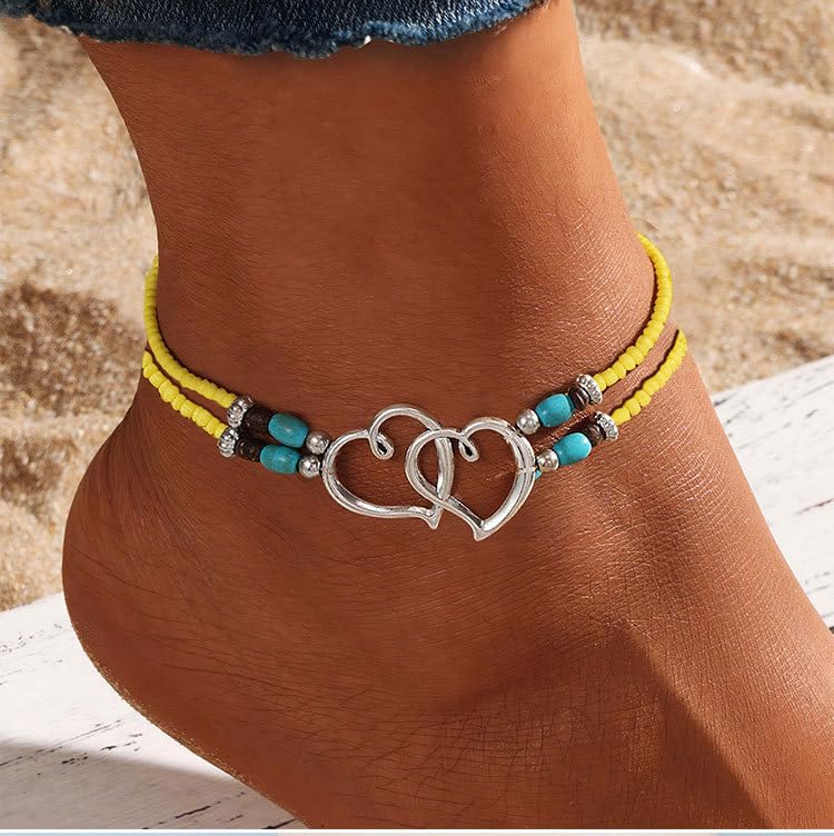 Image of Elastic Beaded Ankle Bracelets for Women Double Heart Layered Stretch Ankle Bracelets Waterproof Dainty Boho Beaded Anklets for Summer Beach Foot Jewelry