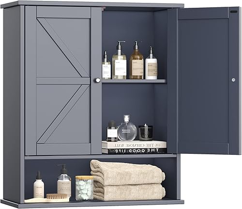 Miniatura 5 de Reettic Gabinete de pared de dos puertas, botiquín de madera, armario de almacenamiento de baño montado en la pared con estante interior ajustable,