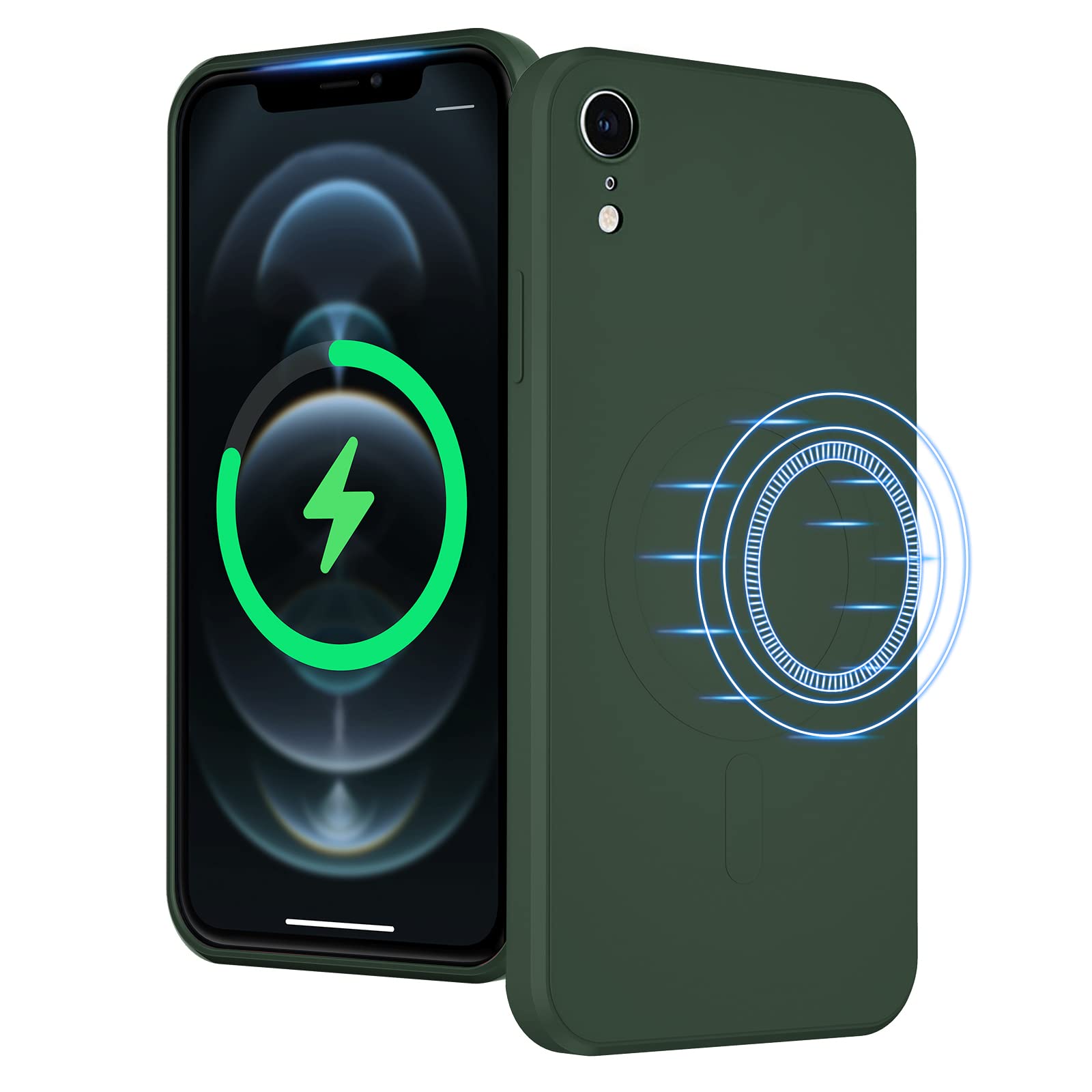 UEEBAI Liquid Silicone Wireless Charging Phone Case For iPhone XR, Built-in Magnets Compatible with MagSafe Faster Charging Slim Fit Soft Microfiber Cover - Dark Green