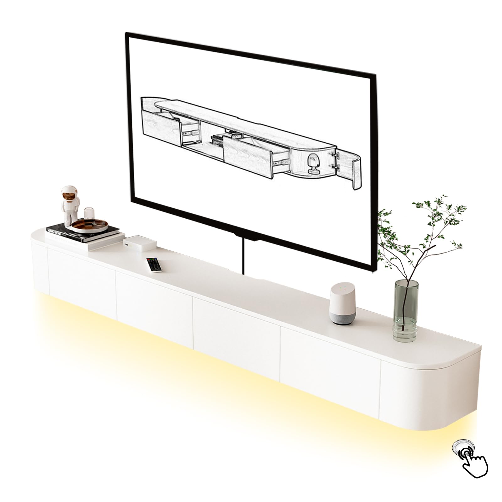 Mobile TV flottante, support TV montato con ante a ribalta e porta laterale, banco di stoccaggio sotto la televisione, per camera da letto e soggiorno (bianco + LED, 160 cm)