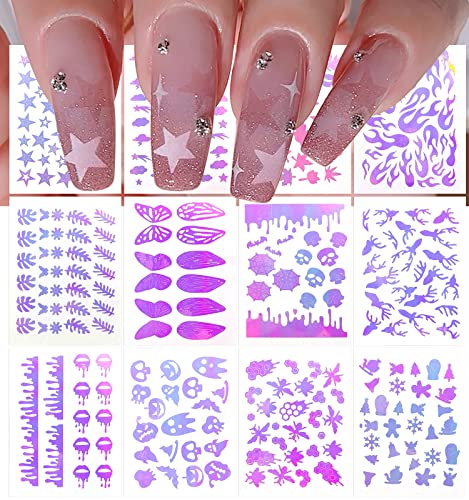 Silpecwee 12 Sheets Airbrush Nail Stickers Nail Stencils Self Adhesive Nail Art Stickers Decals Star Cloud Flower Leaf Butterfly Printing Template Tool French Manicure Stickers Nail Decoration #TOP9