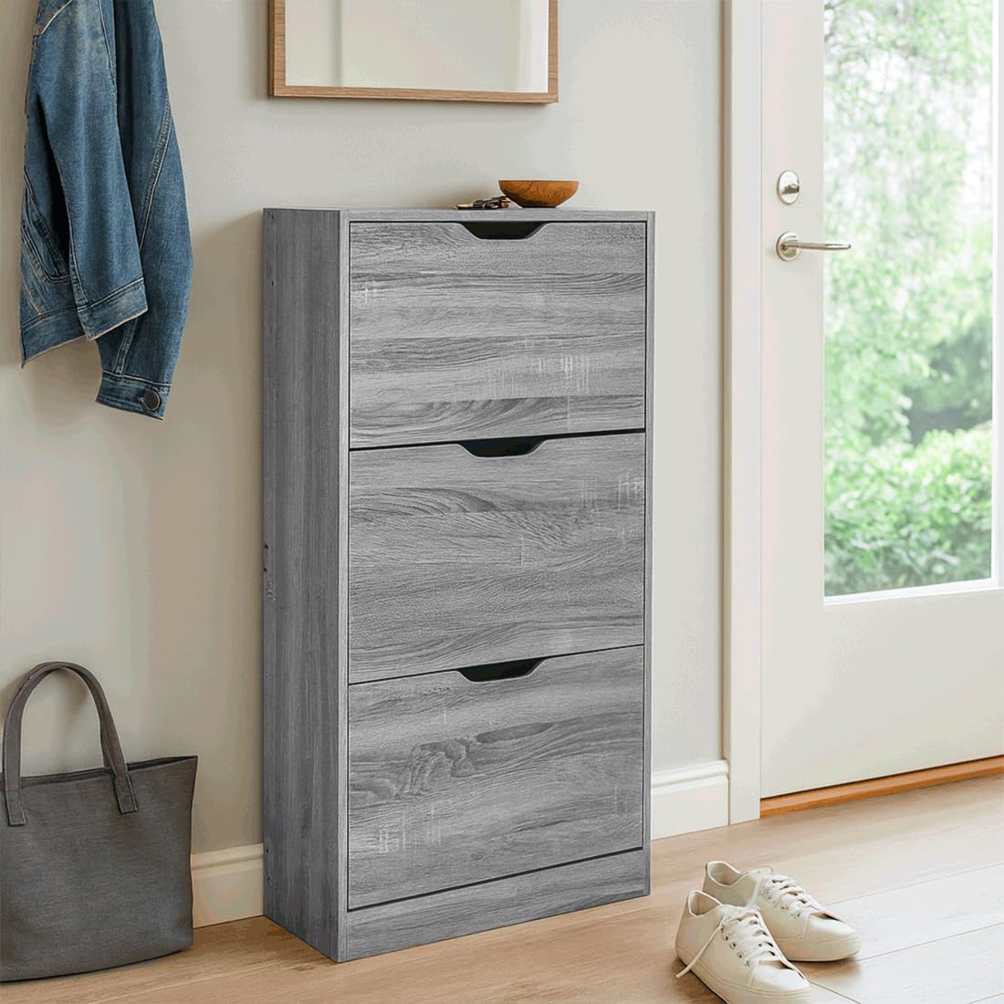 Acomoda Textil - Zapatero 3 Niveles de Madera, Amplio, Resistente y de Fácil Instalación 119,5X60X23,3 cm. Organizador de Zapatos Moderno, Fácil Montaje y Robusto (Gris)