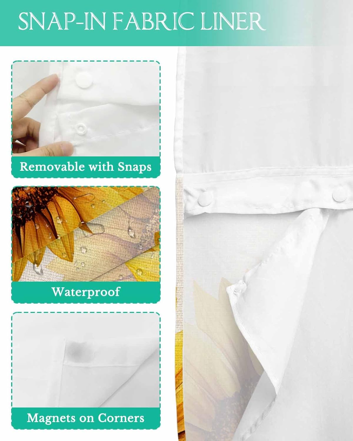 No Hook Shower Curtain with Snap in Liner Set,Retro Watercolor Sunflower on Linen Waterproof Fabric Shower Curtains Rustic Pastoral Summer Floral Double Layer Bath Curtain for Bathroom,72Wx84L