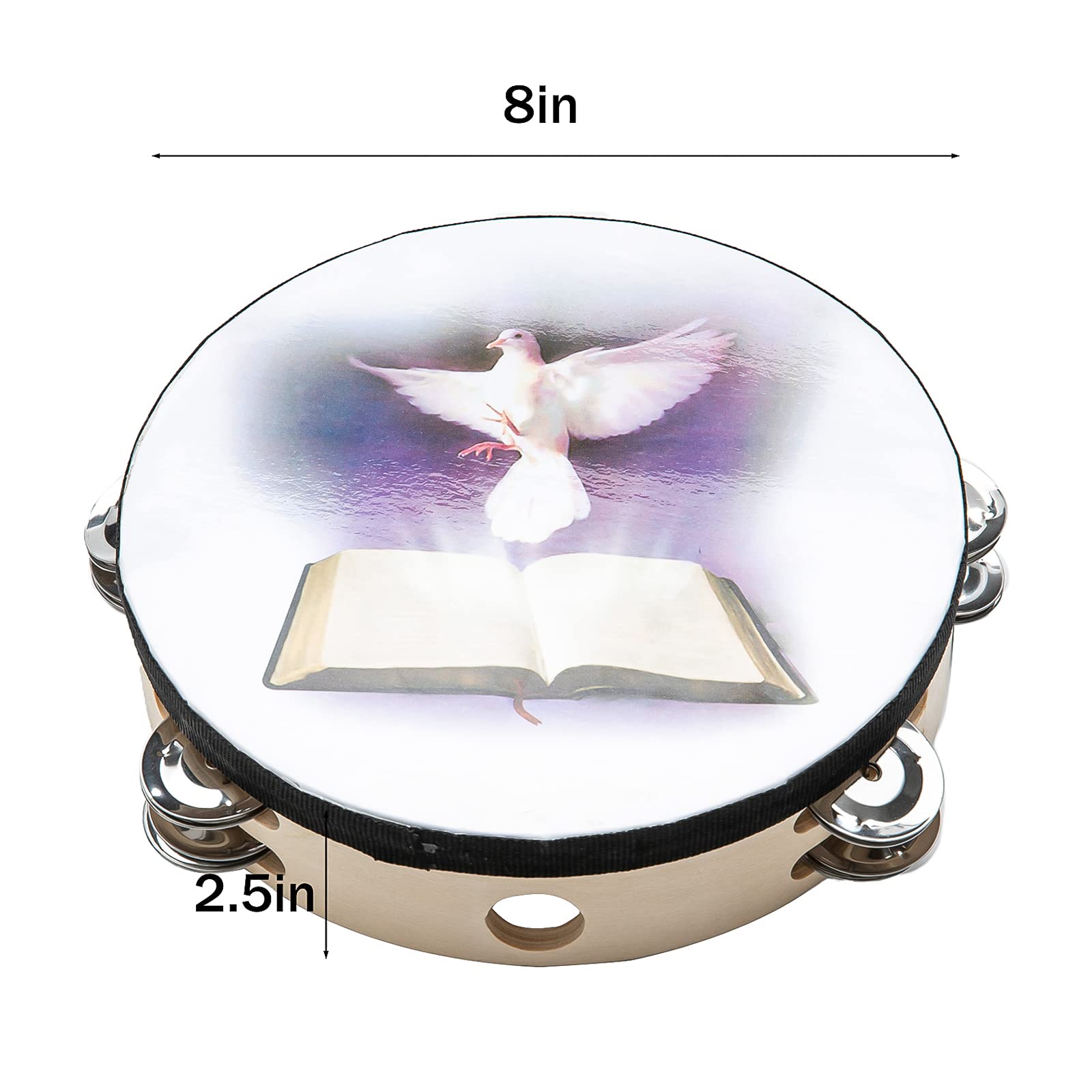 MUSFUNNY Tambourines 8 Inch Dove Bible Double Row Jingle